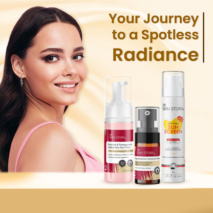 The Skin Story Goodbye  Pigmentation Trio (CTP) (The Skin Story Beetroot &amp; Pomegranate Sulfate Free Foaming Facewash, 100ml The Skin Story Pigmentation Corrector Serum, 25ml The Skin Story Moringa Sunscreen SPF 50, 40g)