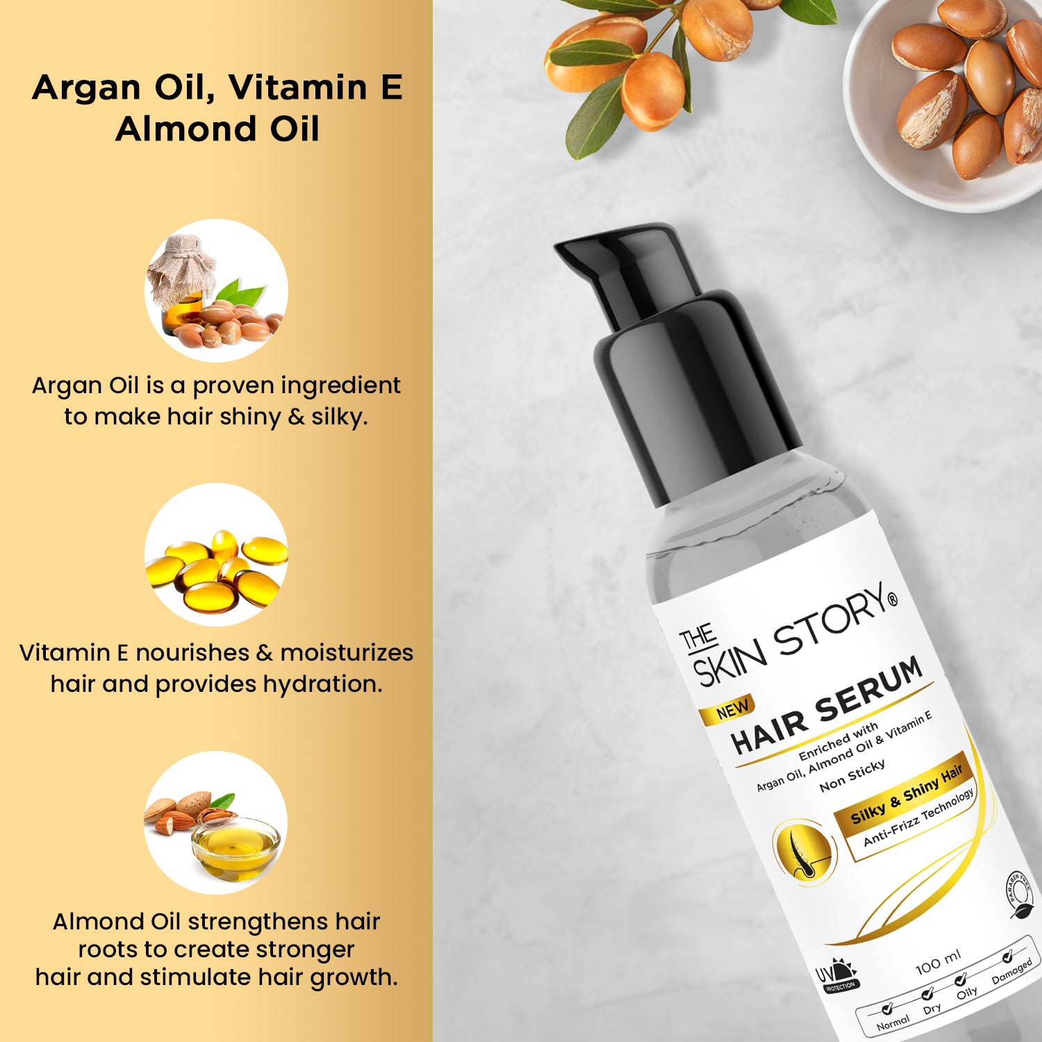 Anti Frizz Hair Serum | Non Sticky and UV | Argan Oil, Almond Oil, Vitamin E | All Hair Types | 100ml
