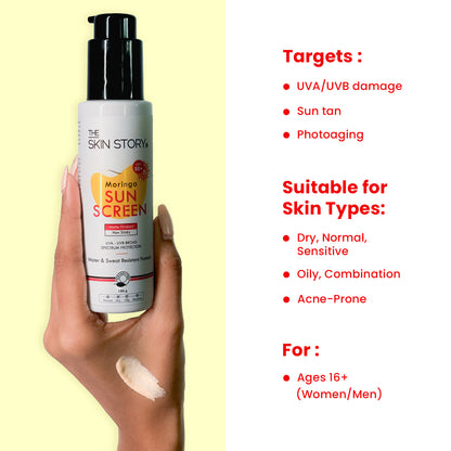 Broad Spectrum Sunscreen  |  UVA &amp; UVB Protection | All Skin Types | SPF 50 | Moringa Oil | 100g