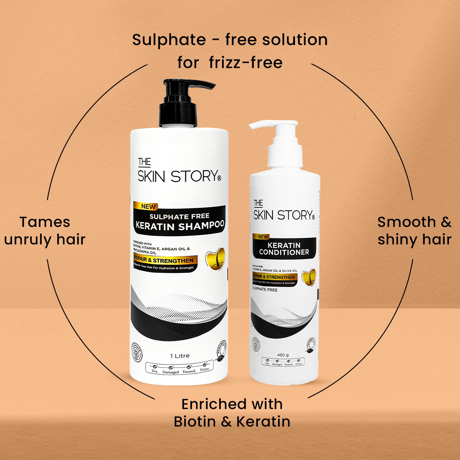 The Skin Story Sulphate Free Keratin Shampoo &amp; Conditioner Combo | Shine, Smooth &amp; Frizz-Free Hair | Damage Repair | 1Litre + 450g