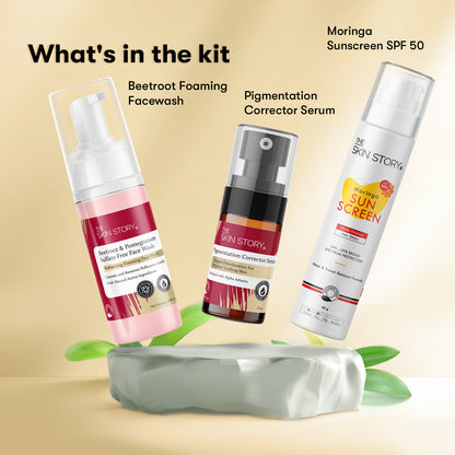 The Skin Story Goodbye  Pigmentation Trio (CTP) (The Skin Story Beetroot &amp; Pomegranate Sulfate Free Foaming Facewash, 100ml The Skin Story Pigmentation Corrector Serum, 25ml The Skin Story Moringa Sunscreen SPF 50, 40g)