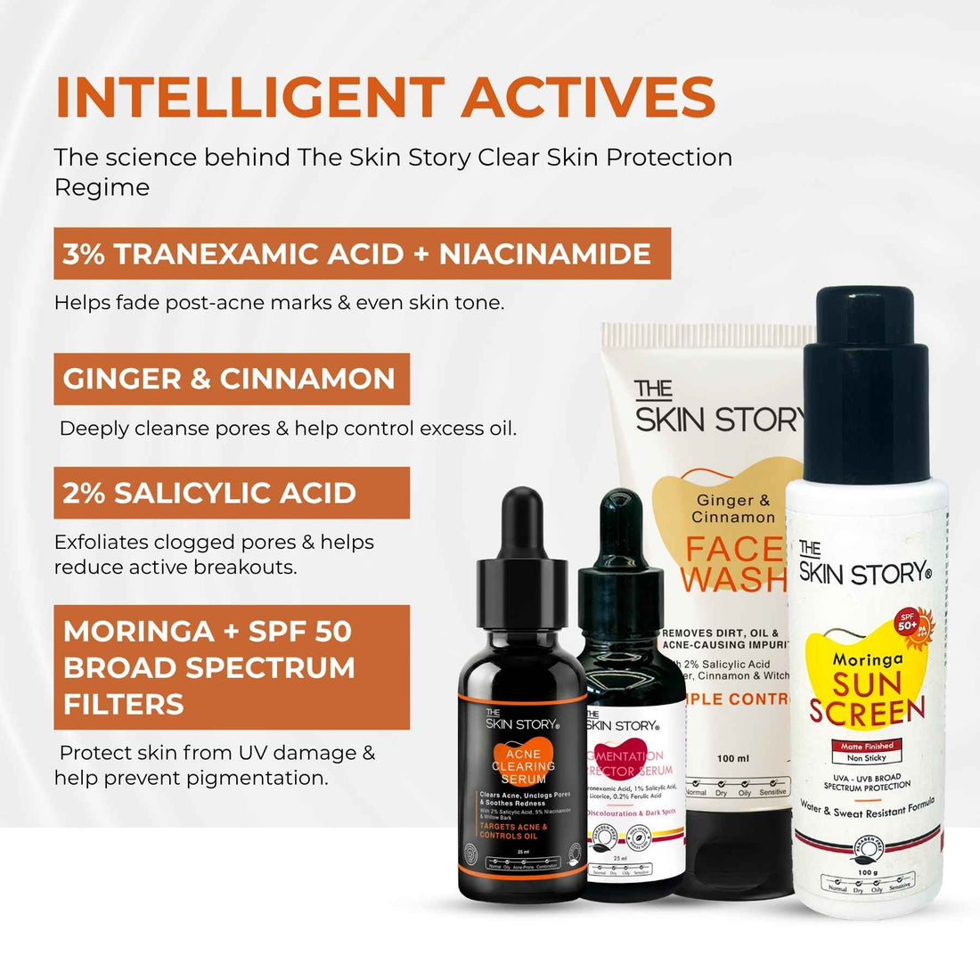 4 Step Acne + Marks Clear Regime with Facewash, Serums &amp; Sunscreen SPF50 - The Skin Story - 