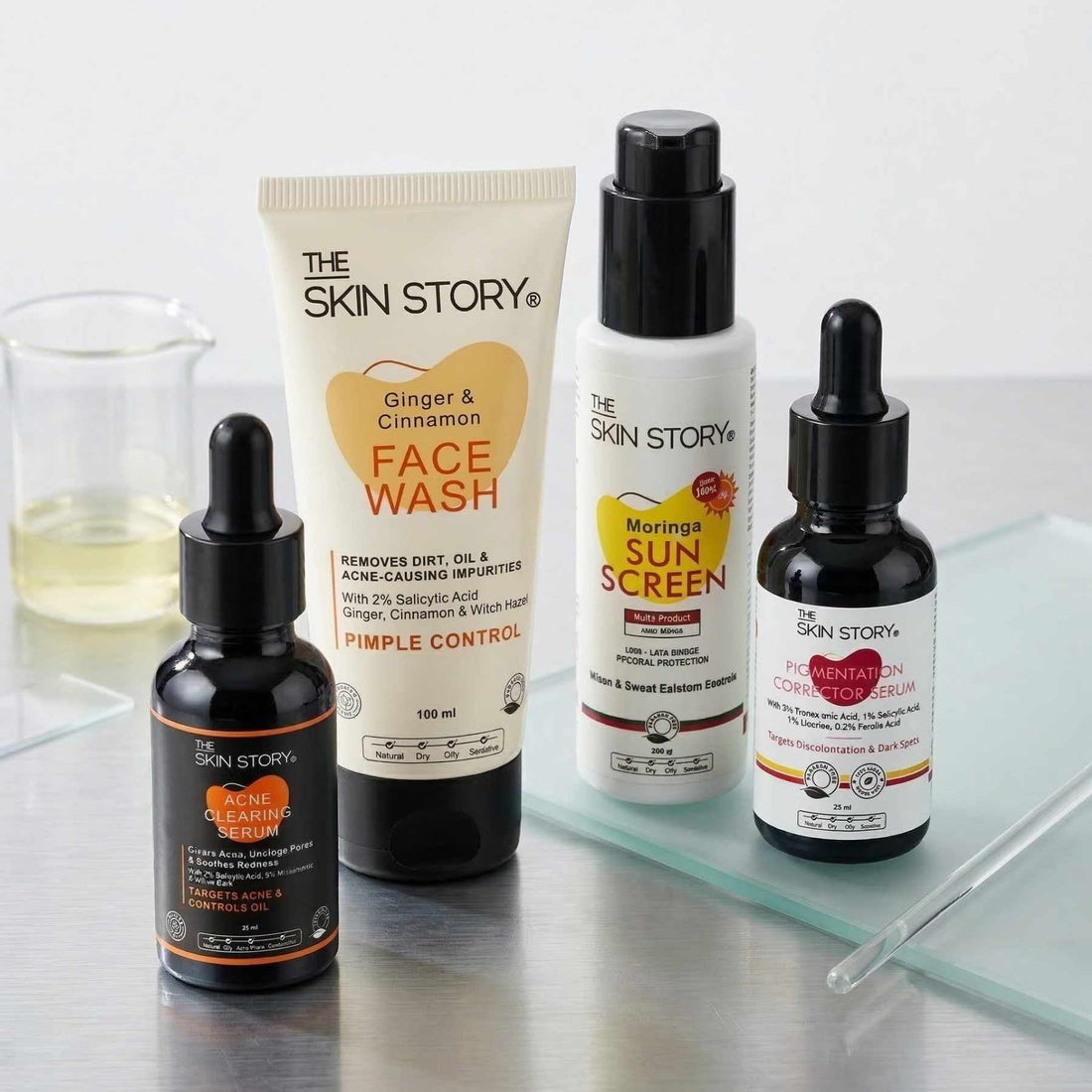 4 Step Acne + Marks Clear Regime with Facewash, Serums &amp; Sunscreen SPF50 - The Skin Story - 
