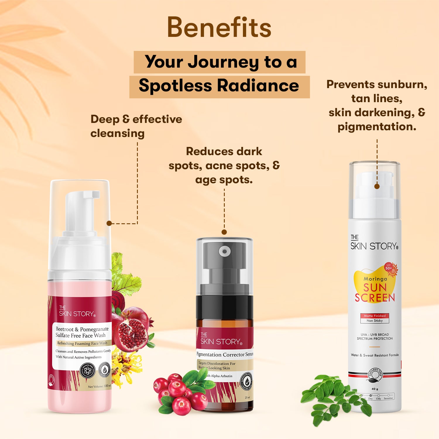 The Skin Story Goodbye  Pigmentation Trio (CTP) (The Skin Story Beetroot &amp; Pomegranate Sulfate Free Foaming Facewash, 100ml The Skin Story Pigmentation Corrector Serum, 25ml The Skin Story Moringa Sunscreen SPF 50, 40g)