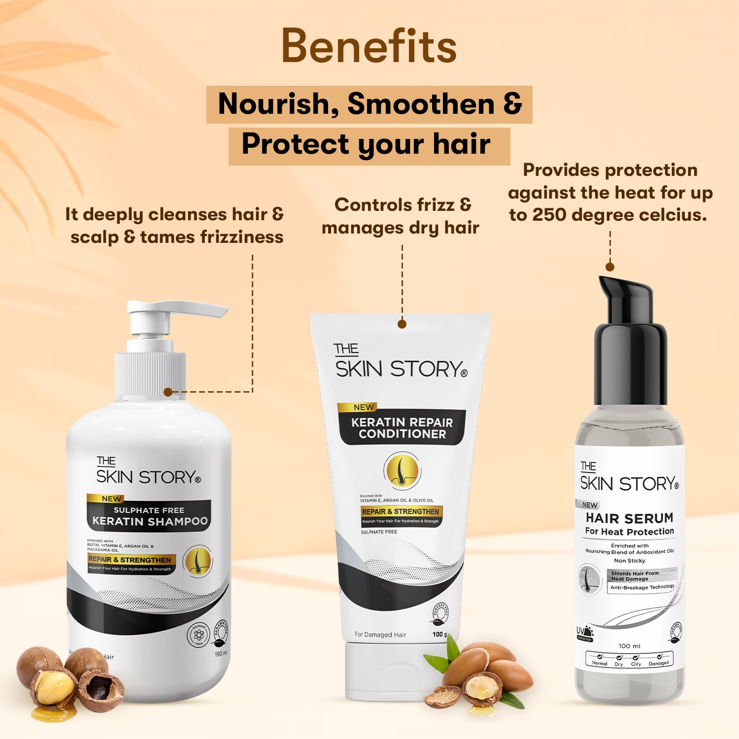 The Skin Story Hair Styling Essentials (CTP) (The Skin Story Sulphate Free Shampoo, 190ml The Skin Story Sulphate Free Conditioner, 100g The Skin Story Heat Protection Serum, 100ml)