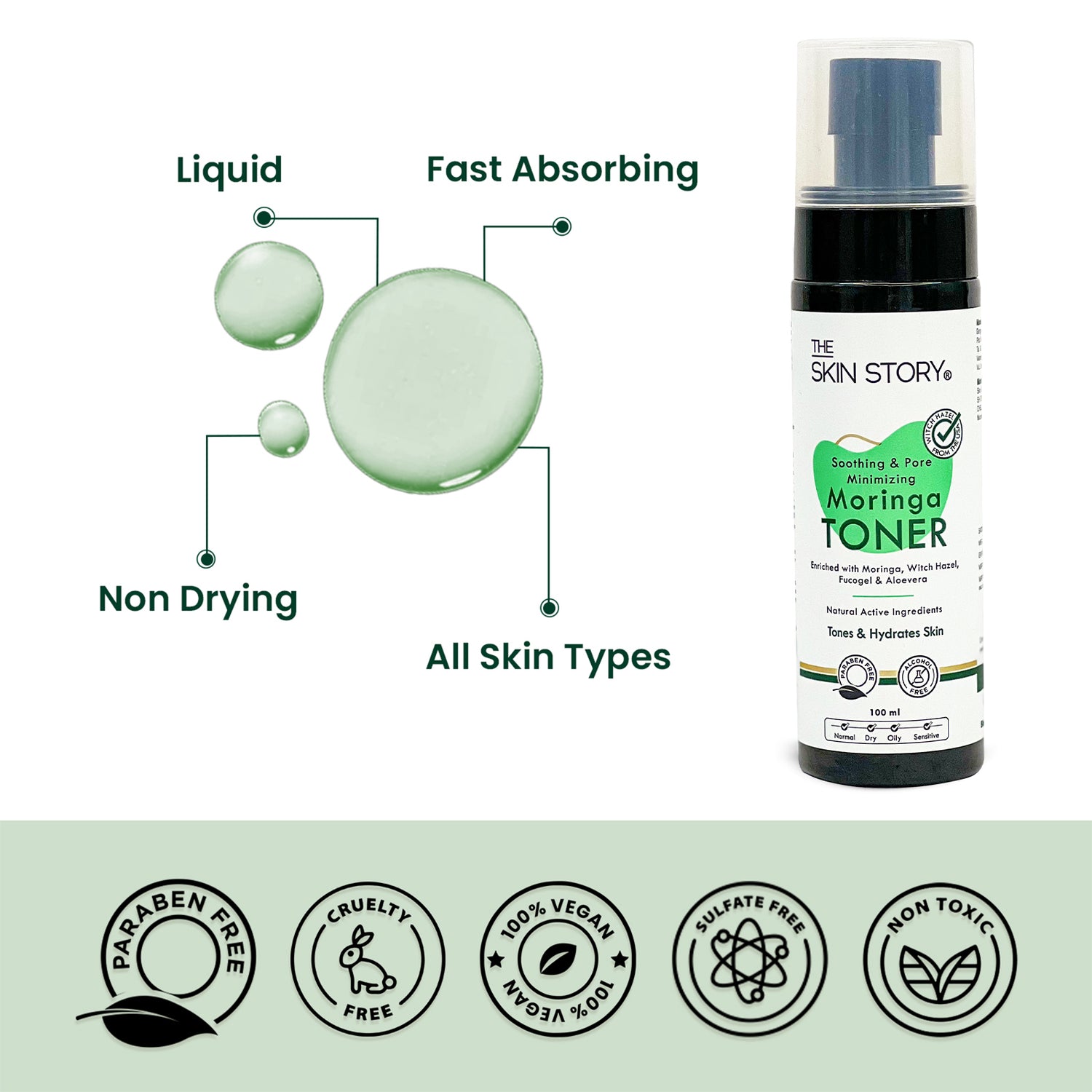 Face Toner Soothing &amp; Pore Minimising Hydrates Skin Moringa Witch Hazel 100ml