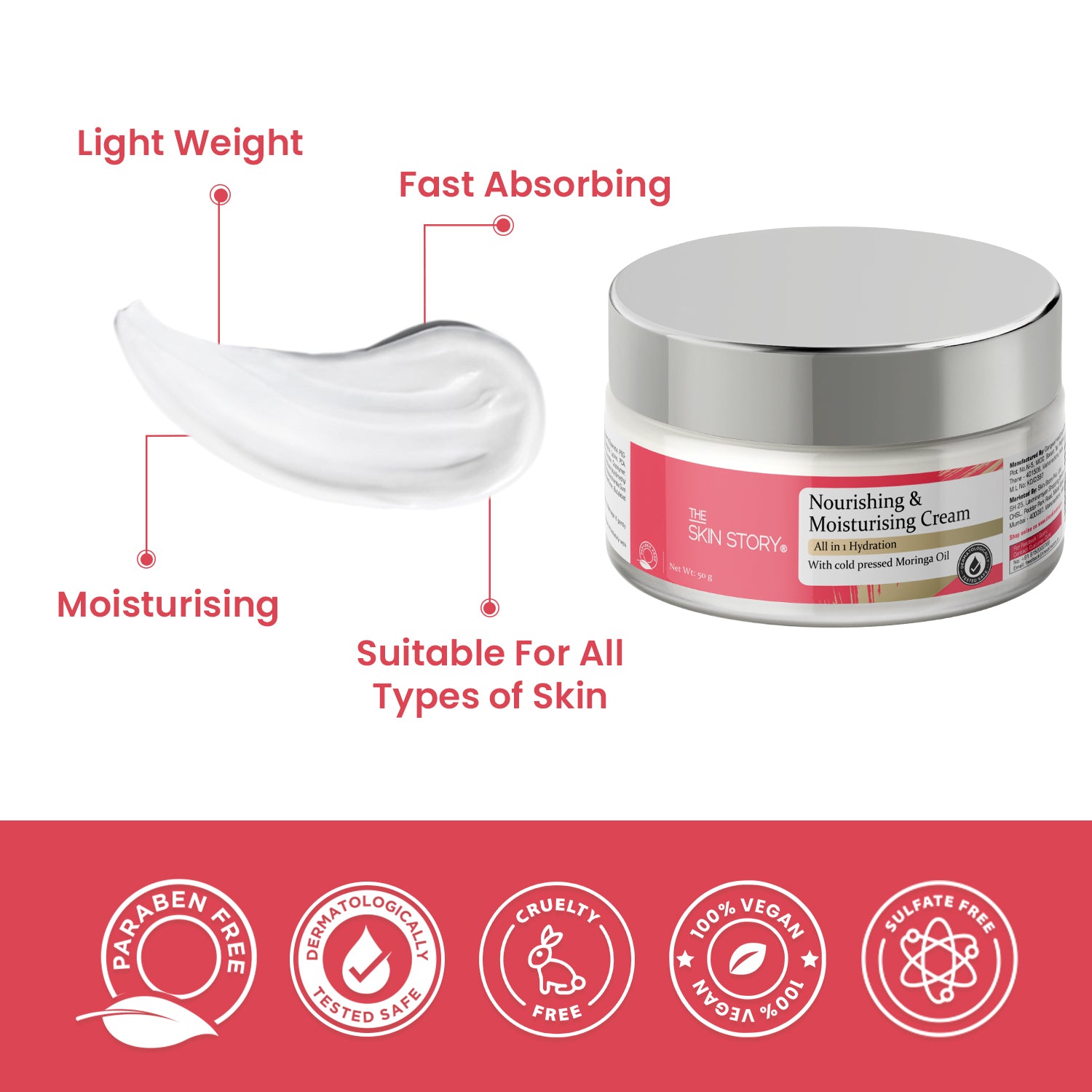 Moisturising Cream | Intense Hydration | Non Oily | All Skin Types | Moringa, Wheat Protein, Amino Acids | 50g