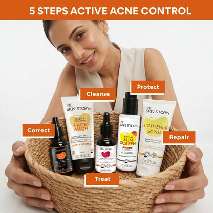 5 Step Acne + Marks Clear Regime with Facewash, Scrub, Serums &amp; Sunscreen SPF50 - The Skin Story - 