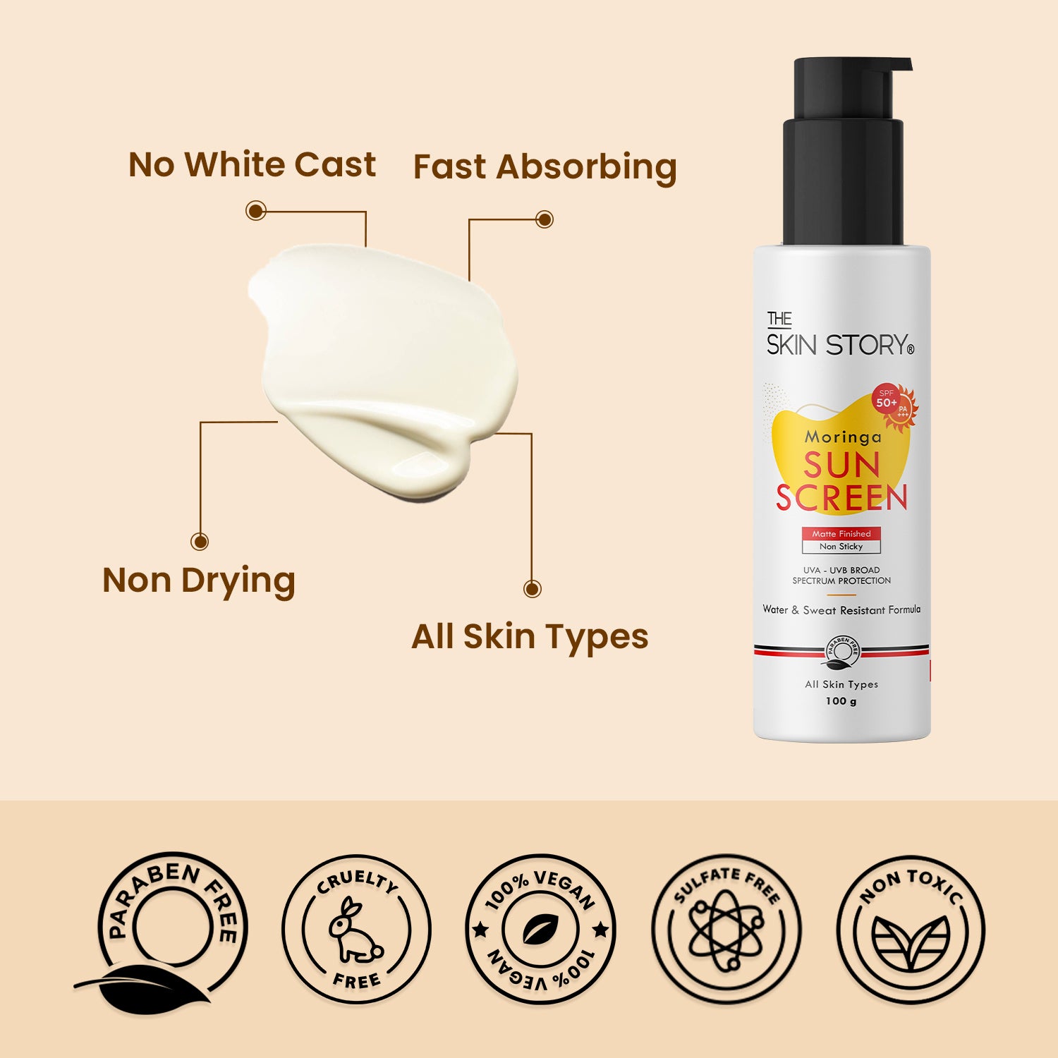 Broad Spectrum Sunscreen | UVA &amp; UVB Protection | All Skin Types | SPF 50 | Moringa Oil | 100g