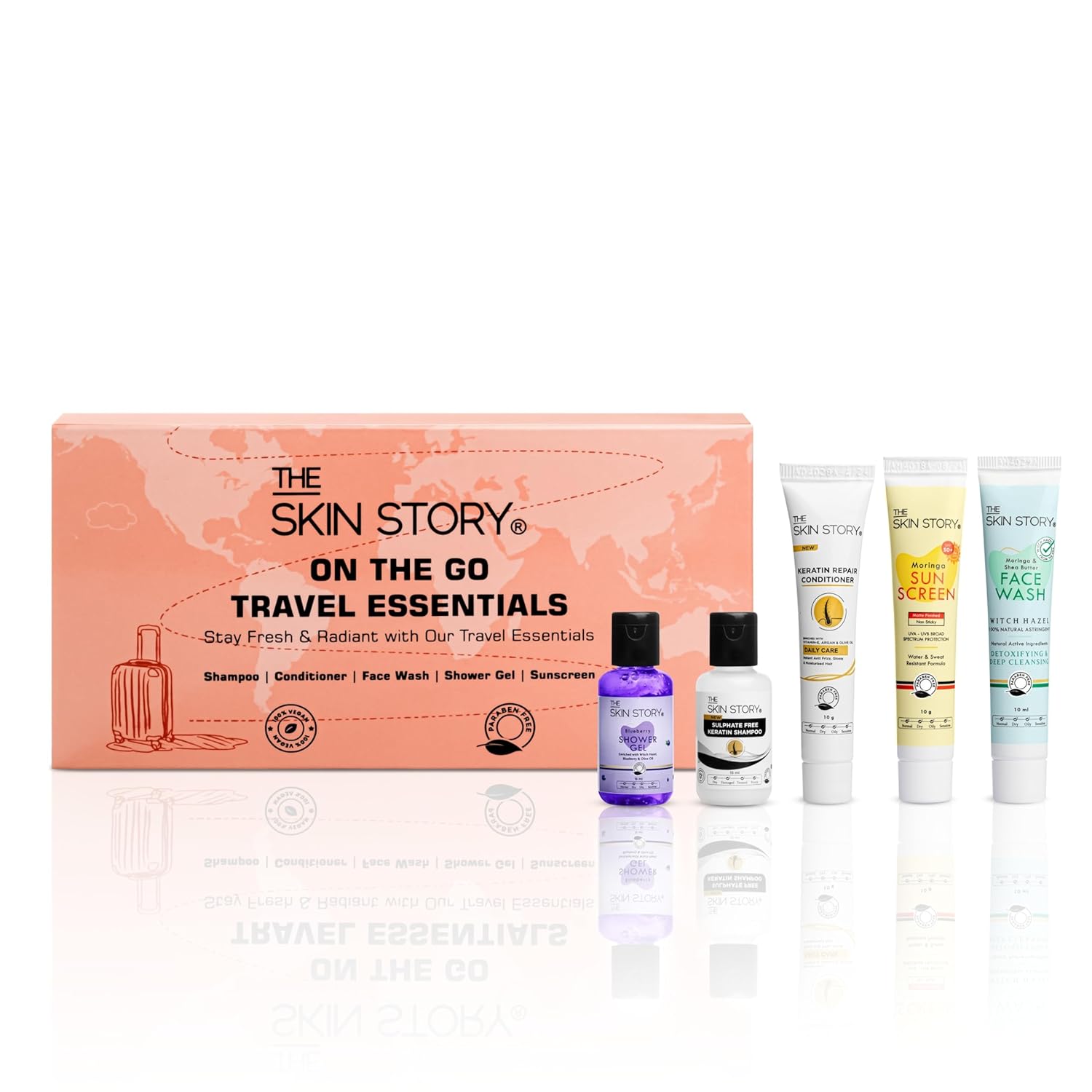 The Skin Story On-The-Go Travel Handy Kit | Compact Set | Head-to-Toe Personal Care for All Skin &amp; Hair Types | Mini Shampoo, Conditioner, Facewash, Shower Gel &amp; Sunscreen | 60ml | Pack of 5