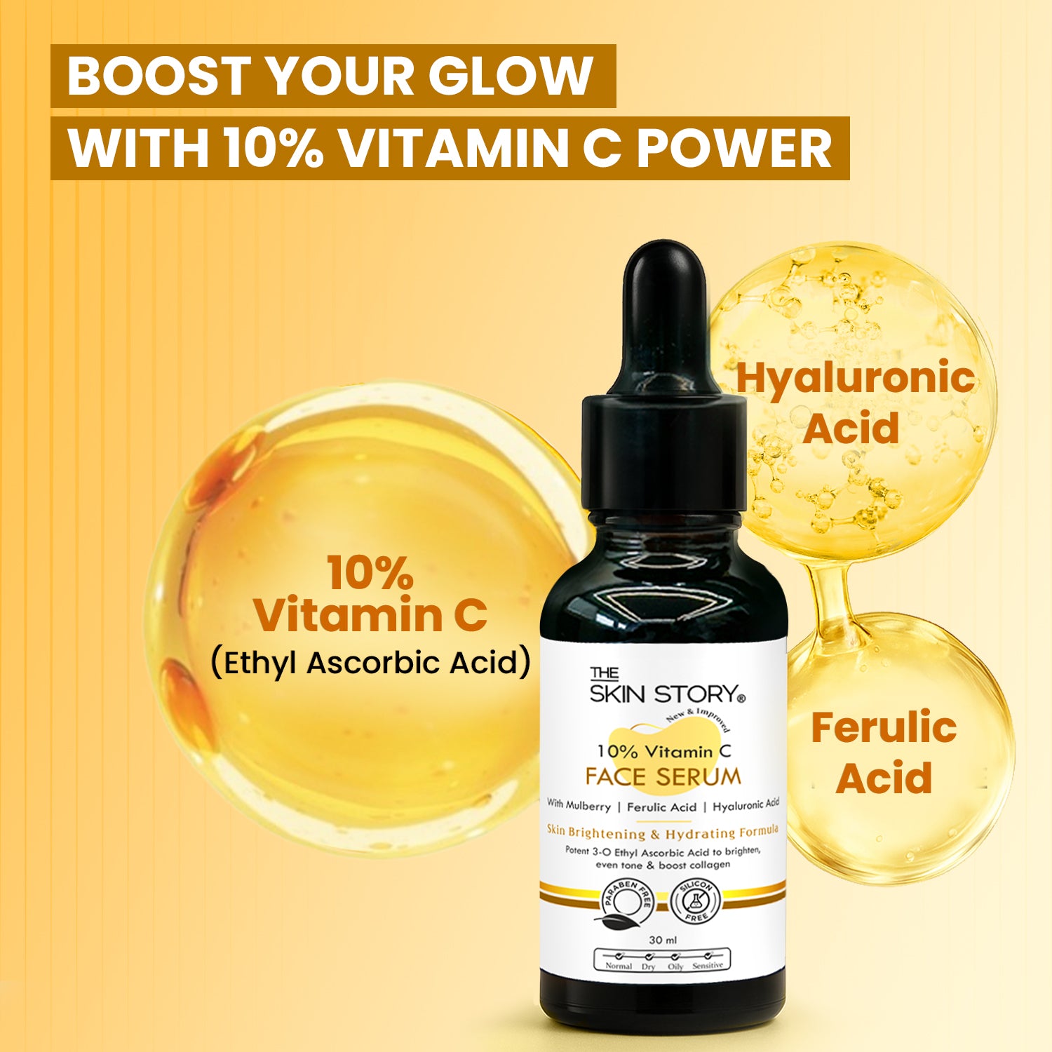 10% Vitamin C Face Serum | Brightens, Evens Skin Tone &amp; Reduces Dark Spots | Stable Glow Formula | 30ml