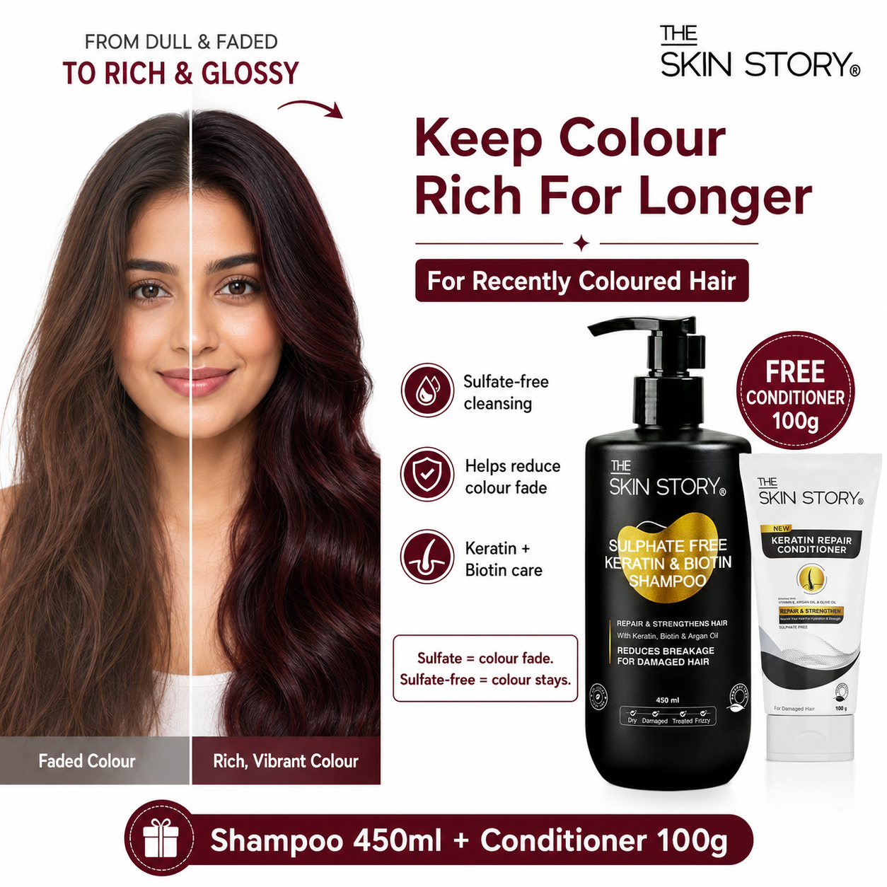 Sulphate Free Keratin Shampoo (450ml) + FREE Keratin Repair Conditioner (100g) - For Recently Coloured Hair