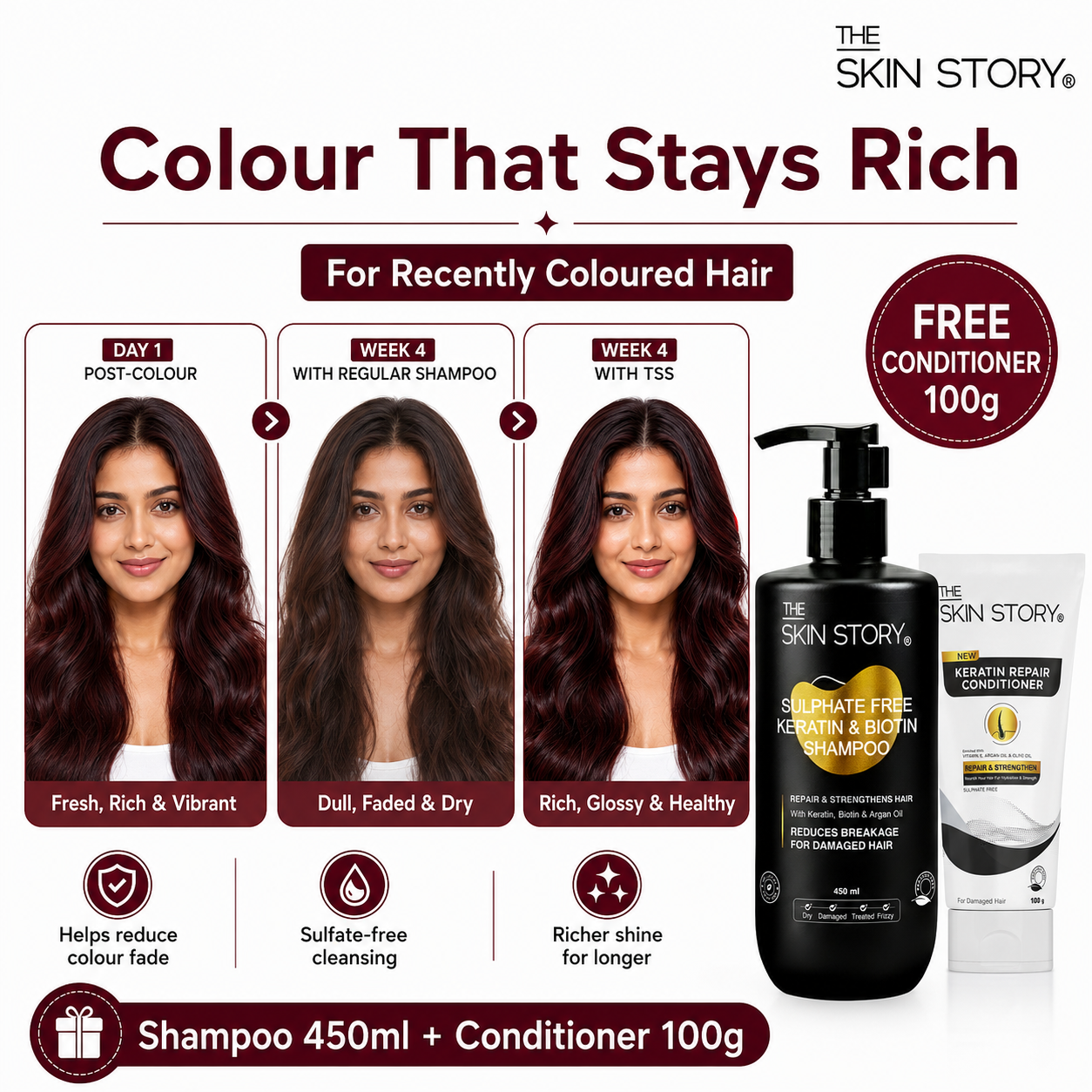 Sulphate Free Keratin Shampoo (450ml) + FREE Keratin Repair Conditioner (100g) - For Recently Coloured Hair