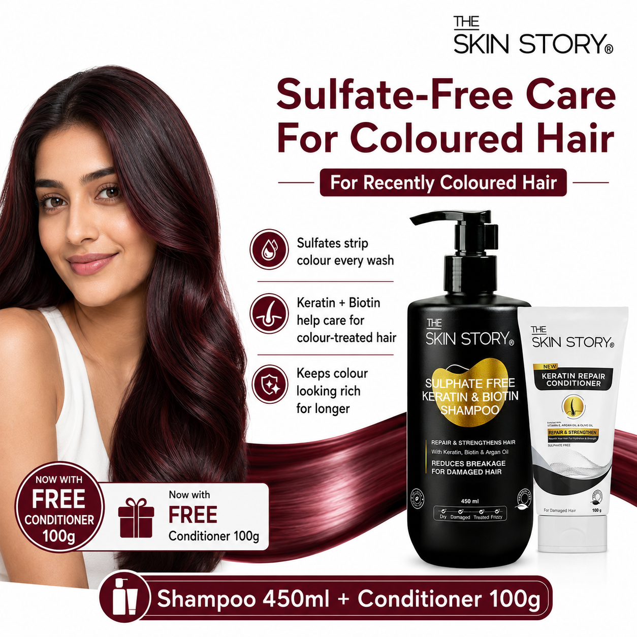 Sulphate Free Keratin Shampoo (450ml) + FREE Keratin Repair Conditioner (100g) - For Recently Coloured Hair