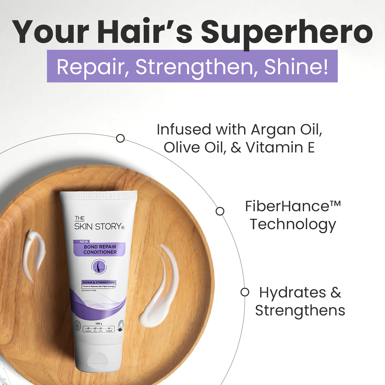 The Skin Story Bond Repair Conditioner For Women | For Damaged, Dry &amp; Frizzy Hair | Enriched with Argan Oil, Olive Oil &amp; FiberHance™ | Bond Repair Complex | Professional Conditioner for Strengthening, Repairing &amp; Restoring Hair Health | 100g