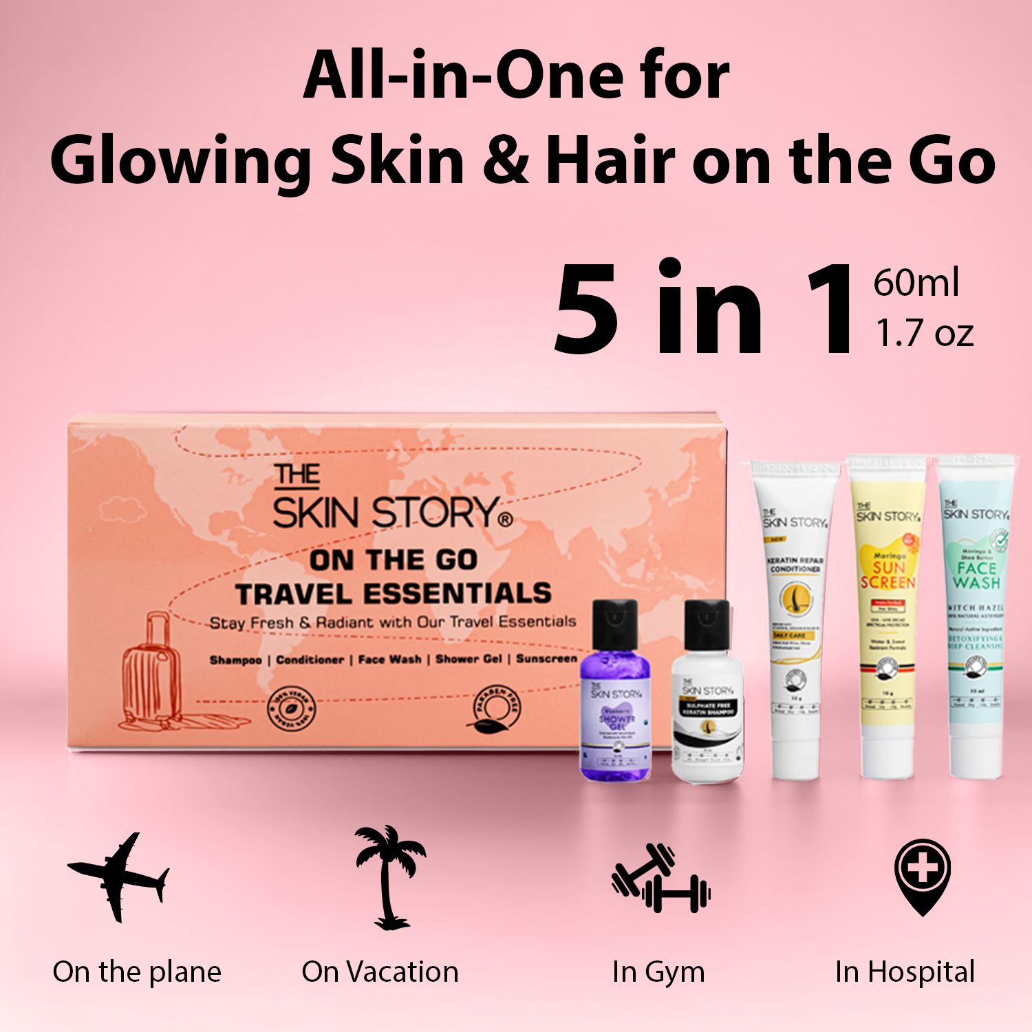 The Skin Story On-The-Go Travel Handy Kit | Compact Set | Head-to-Toe Personal Care for All Skin &amp; Hair Types | Mini Shampoo, Conditioner, Facewash, Shower Gel &amp; Sunscreen | 60ml | Pack of 5