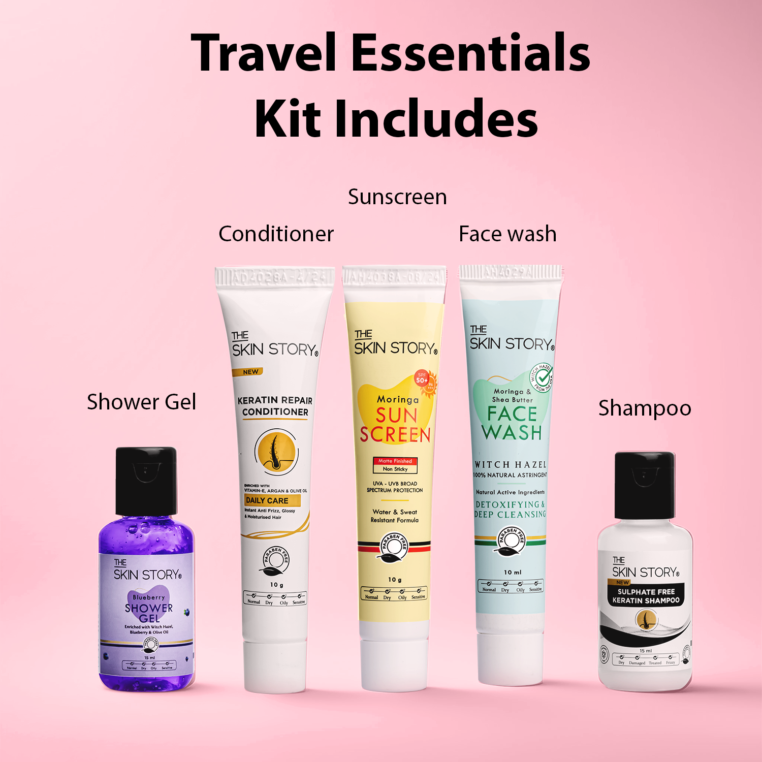 The Skin Story On-The-Go Travel Handy Kit | Compact Set | Head-to-Toe Personal Care for All Skin &amp; Hair Types | Mini Shampoo, Conditioner, Facewash, Shower Gel &amp; Sunscreen | 60ml | Pack of 5