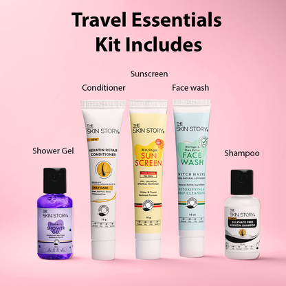 The Skin Story On-The-Go Travel Handy Kit | Compact Set | Head-to-Toe Personal Care for All Skin &amp; Hair Types | Mini Shampoo, Conditioner, Facewash, Shower Gel &amp; Sunscreen | 60ml | Pack of 5