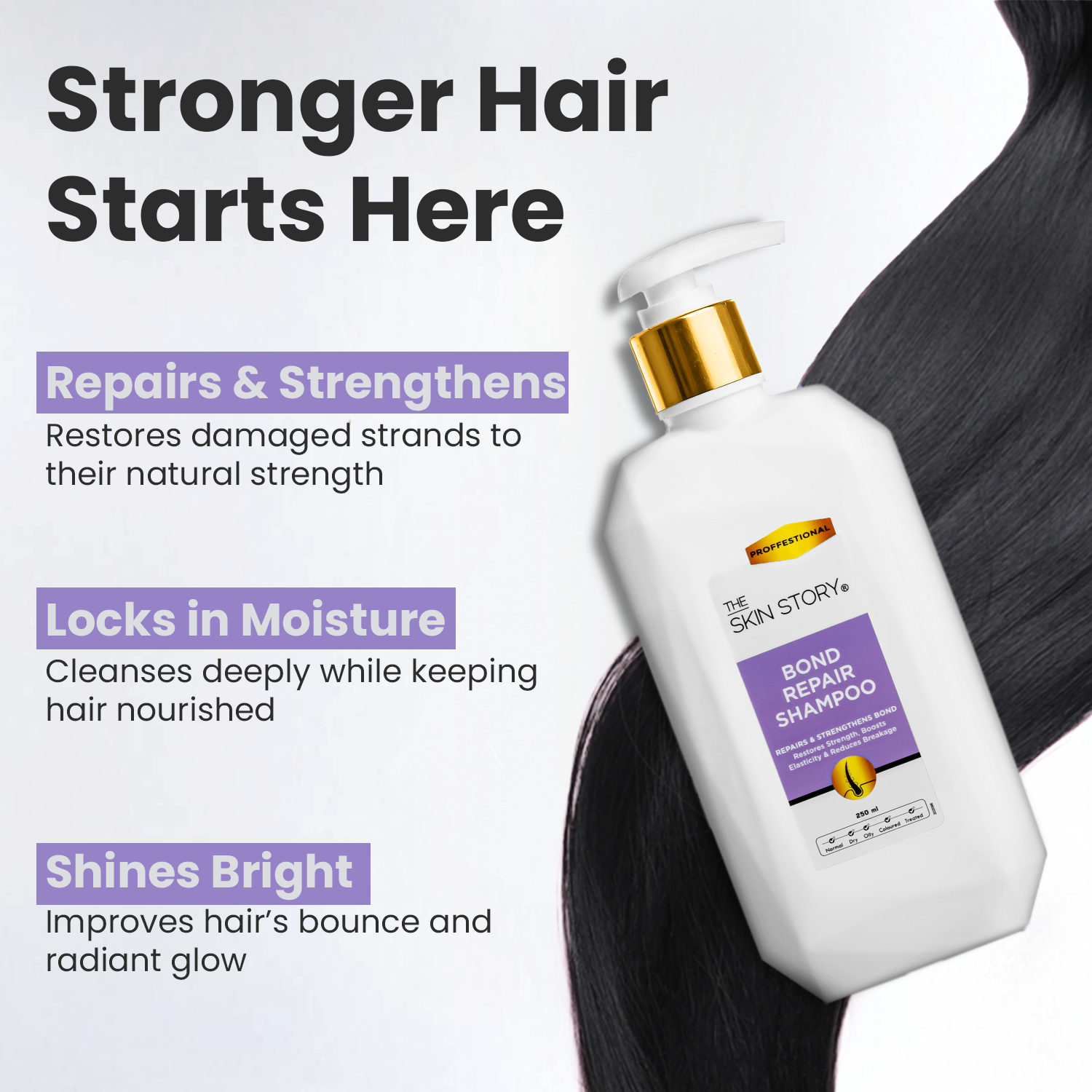 The Skin Story Bond Repair Shampoo | For Damaged, Dry &amp; Frizzy Hair | Enriched with Argan Oil &amp; Hydrolyzed Proteins | Strengthens &amp; Repairs Hair Bonds | Sulphate &amp; Paraben Free | Professional Shampoo for Women &amp; Men | 250ml