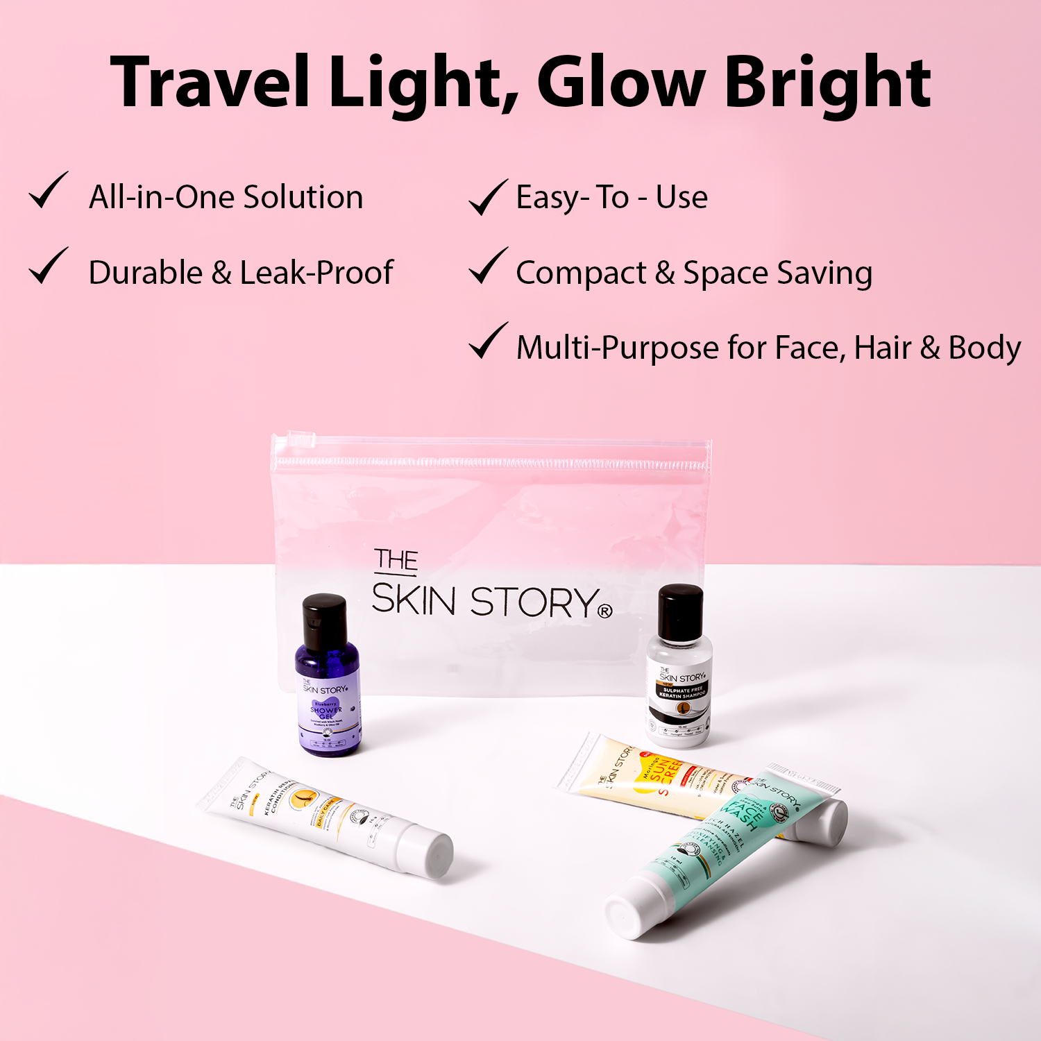 The Skin Story On-The-Go Travel Handy Kit | Compact Set | Head-to-Toe Personal Care for All Skin &amp; Hair Types | Mini Shampoo, Conditioner, Facewash, Shower Gel &amp; Sunscreen | 60ml | Pack of 5