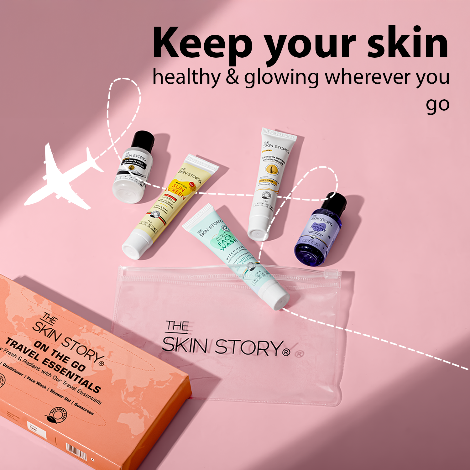 The Skin Story On-The-Go Travel Handy Kit | Compact Set | Head-to-Toe Personal Care for All Skin &amp; Hair Types | Mini Shampoo, Conditioner, Facewash, Shower Gel &amp; Sunscreen | 60ml | Pack of 5