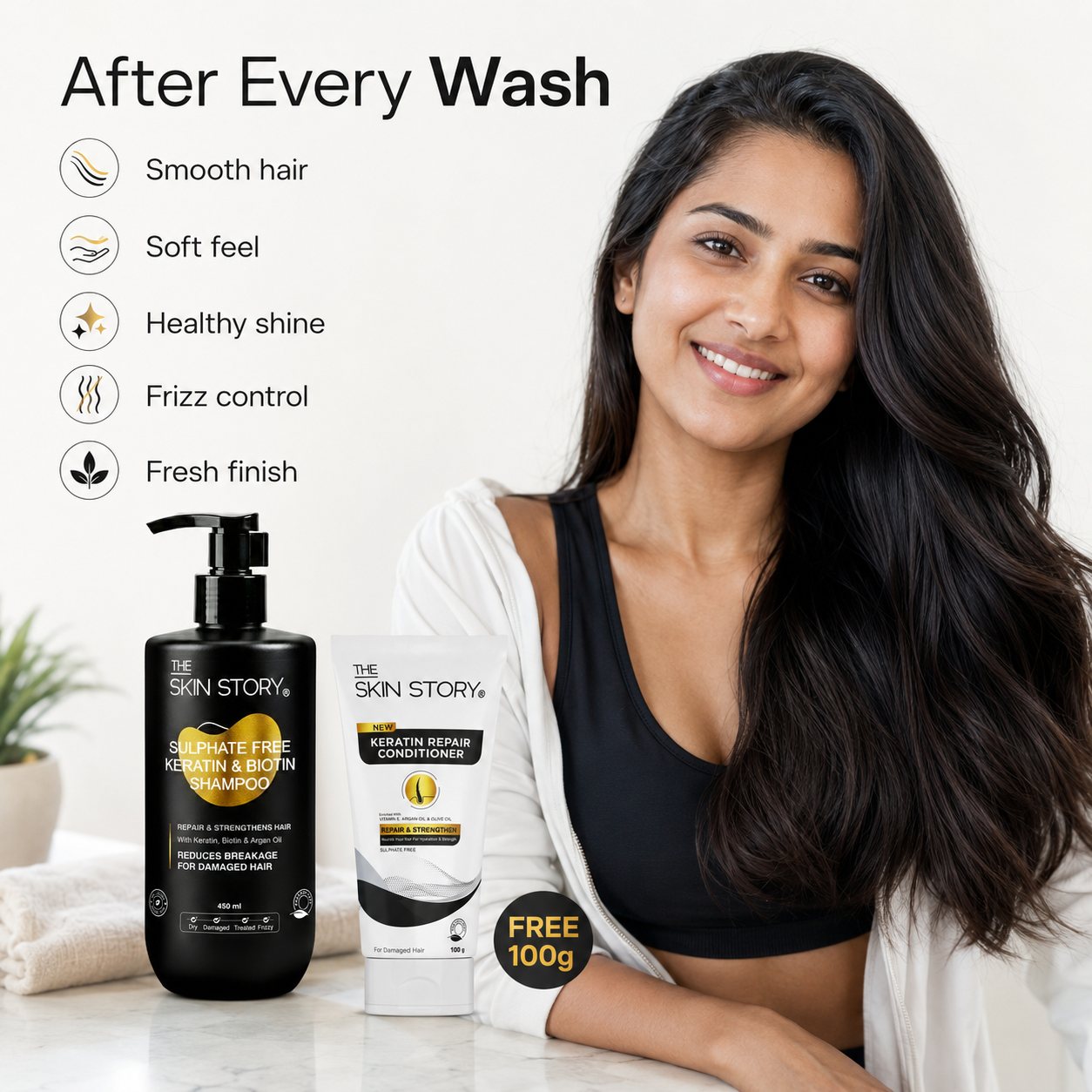 Salon-Grade Frequent Hair Wash Combo - Sulphate Free Keratin Shampoo (450ml) + FREE Keratin Repair Conditioner (100g)