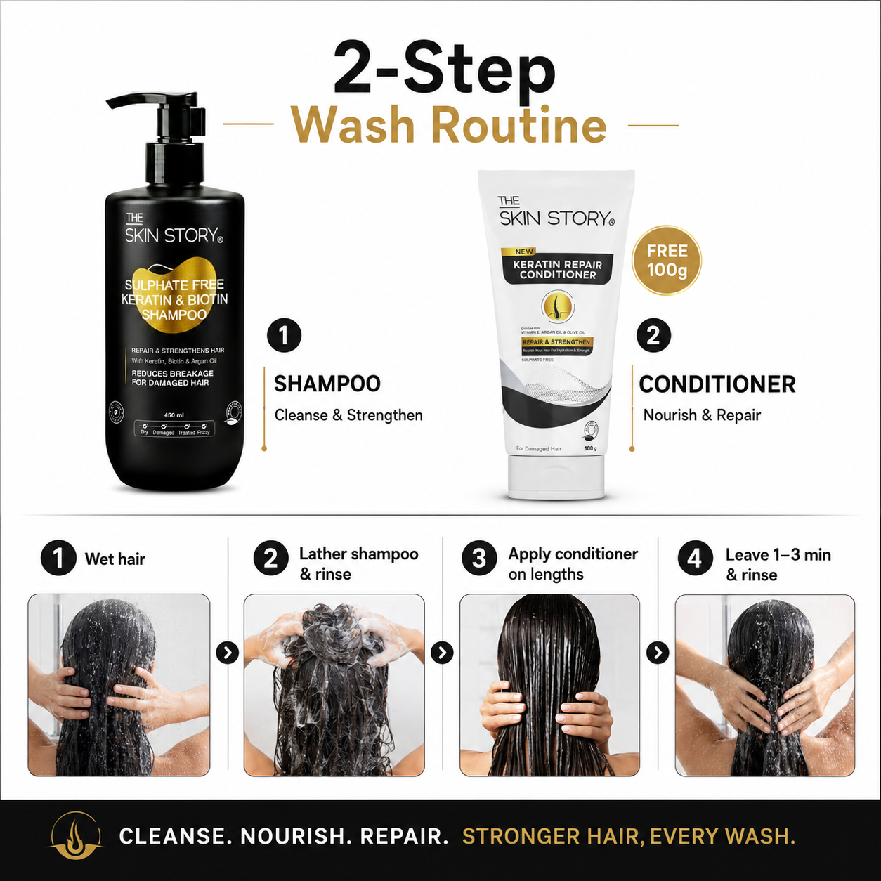 Salon-Grade Frequent Hair Wash Combo - Sulphate Free Keratin Shampoo (450ml) + FREE Keratin Repair Conditioner (100g)