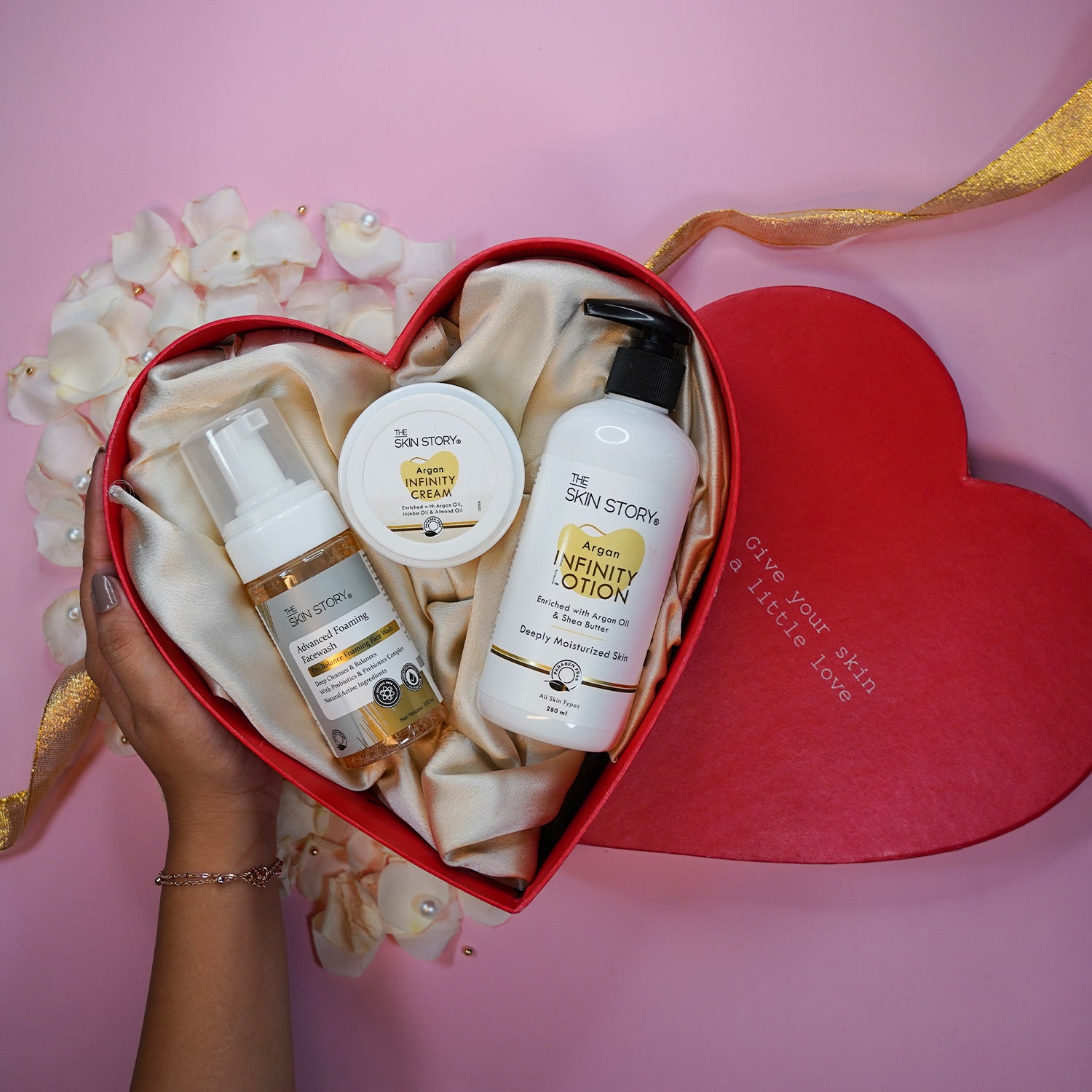 The Skin Story Love Your Self, Self Care Hamper | The Skin Story Advanced Foaming Facewash, 100ml | The Skin Story Argan Infinity Cream, 50g | The Skin Story Argan Infinity Lotion, 250ml