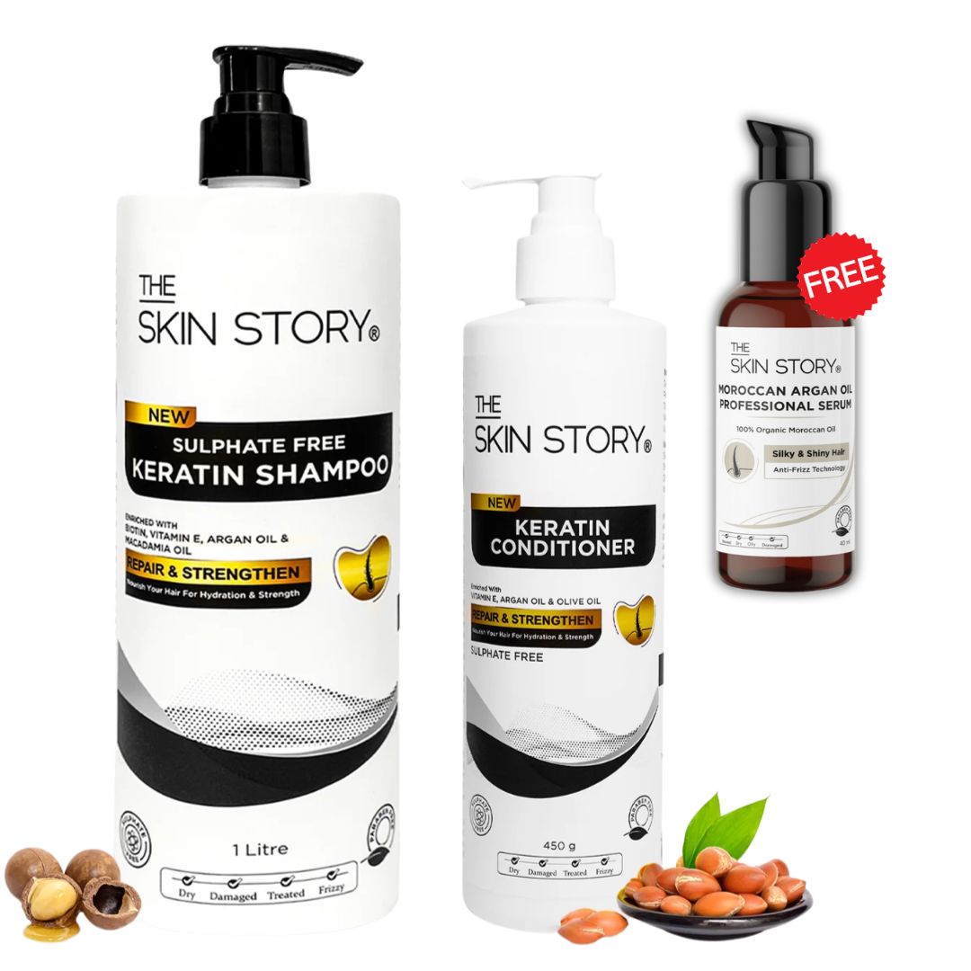 The Skin Story Sulphate Free Keratin Shampoo &amp; Conditioner Combo | Shine, Smooth &amp; Frizz-Free Hair | Damage Repair | 1Litre + 450g
