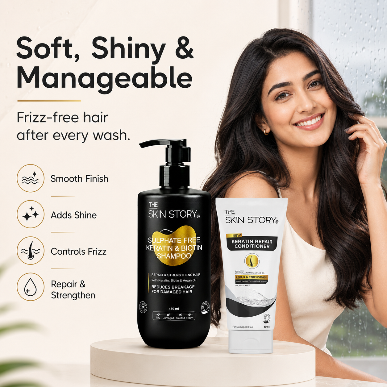 Monsoon Frizz Control Kit - Sulphate Free Keratin Shampoo (450ml) + FREE Keratin Repair Conditioner (100g)