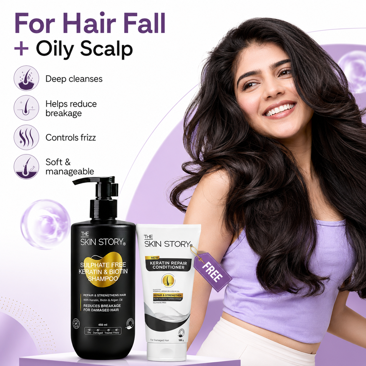 Sulphate Free Keratin Shampoo (450ml) + FREE Keratin Repair Conditioner (100g) - Hair Fall Control Combo