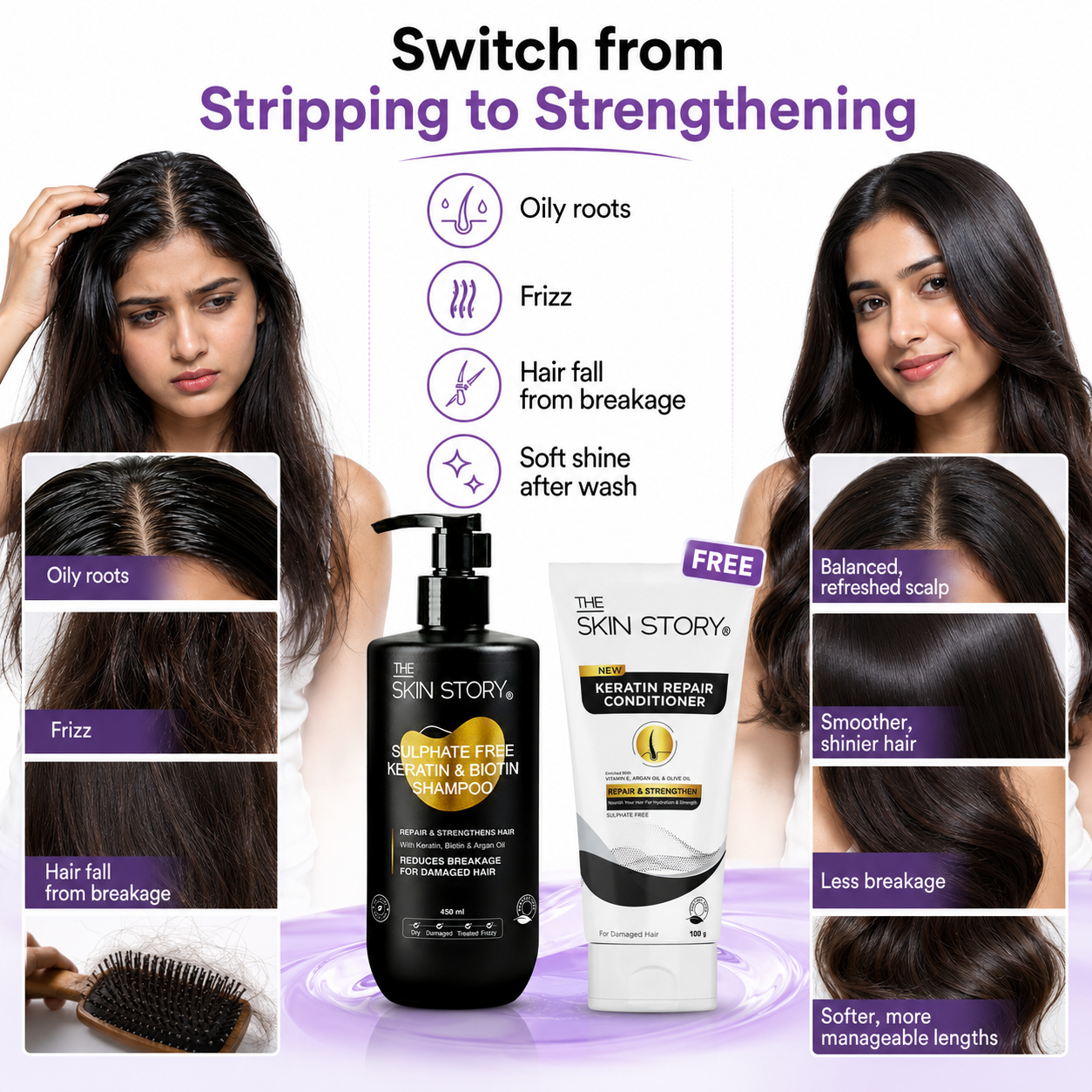 Hair Fall Control Combo - Sulphate Free Keratin Shampoo (450ml) + FREE Keratin Repair Conditioner (100g)