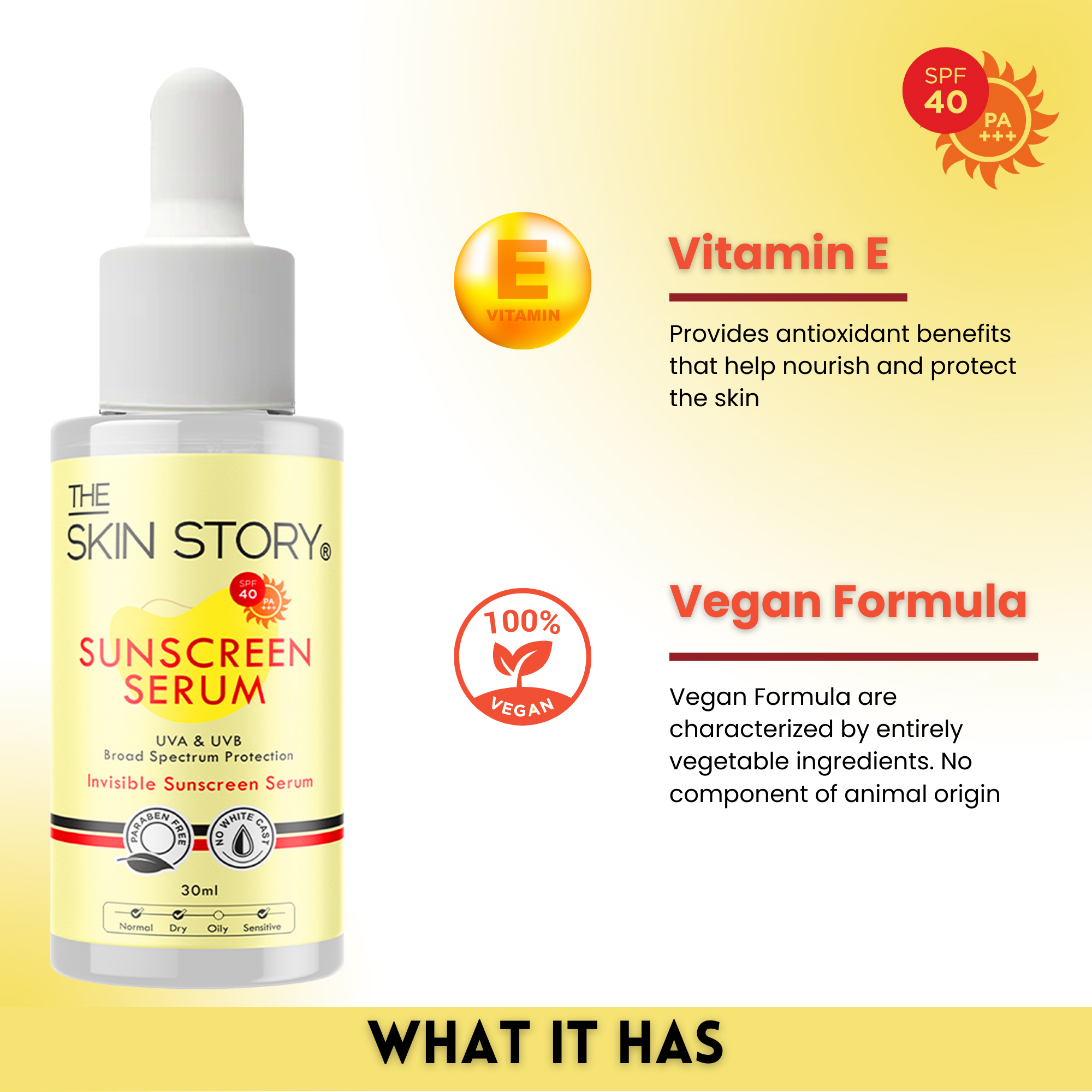 The Skin Story Sunscreen Serum SPF 40 PA+++, Vitamin E, 30ml