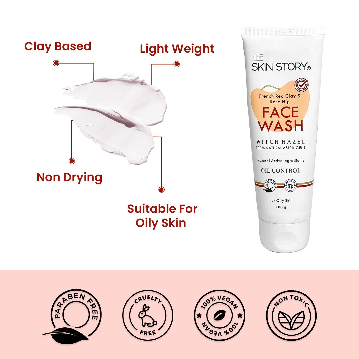 Oil Control Facewash | Sensitive &amp; All Skin Types | French Red Clay &amp; Rosehip | 100g