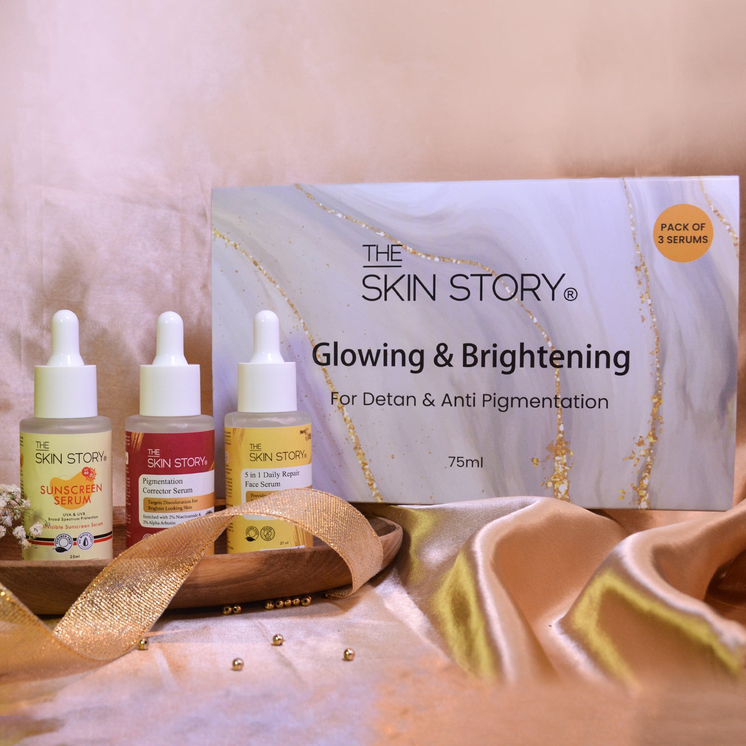 The Skin Story Glowing &amp; Brightening For Detan &amp; Anti Pigmntation Kit 75ml | 5 in 1 Daily Repair Serum - Vitamin C | Pigmentation Corrector Serum | Sunscreen Serum SPF40