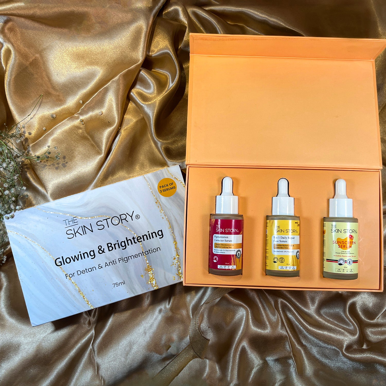 The Skin Story Glowing &amp; Brightening For Detan &amp; Anti Pigmntation Kit 75ml | 5 in 1 Daily Repair Serum - Vitamin C | Pigmentation Corrector Serum | Sunscreen Serum SPF40