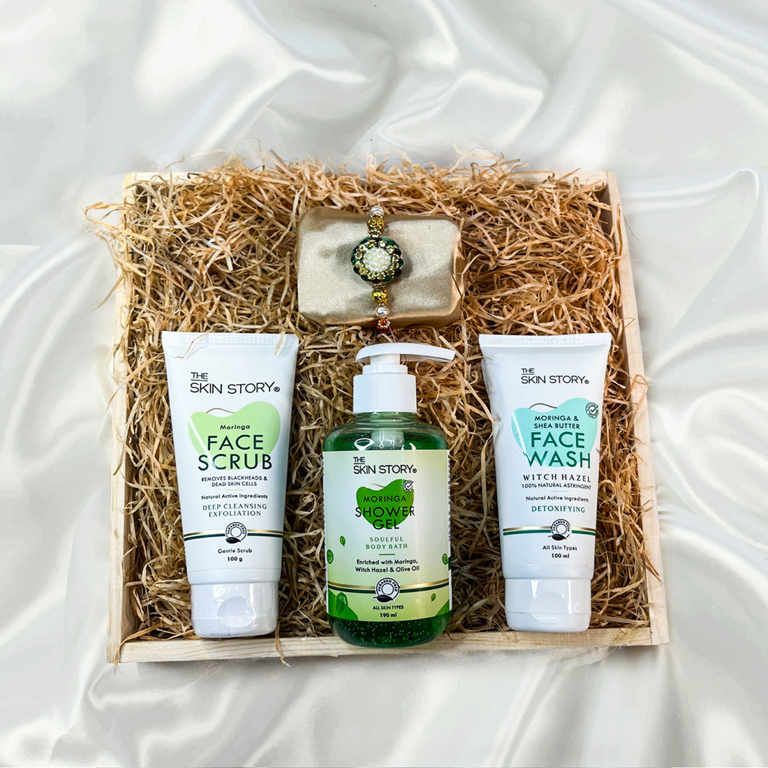 The Skin Story Glow Skincare Set | The Skin Story Moringa &amp; Shea Butter Facewash, 100ml | The Skin Story Moringa Face Scrub, 100g | The Skin Story Moringa Shower Gel, 190ml