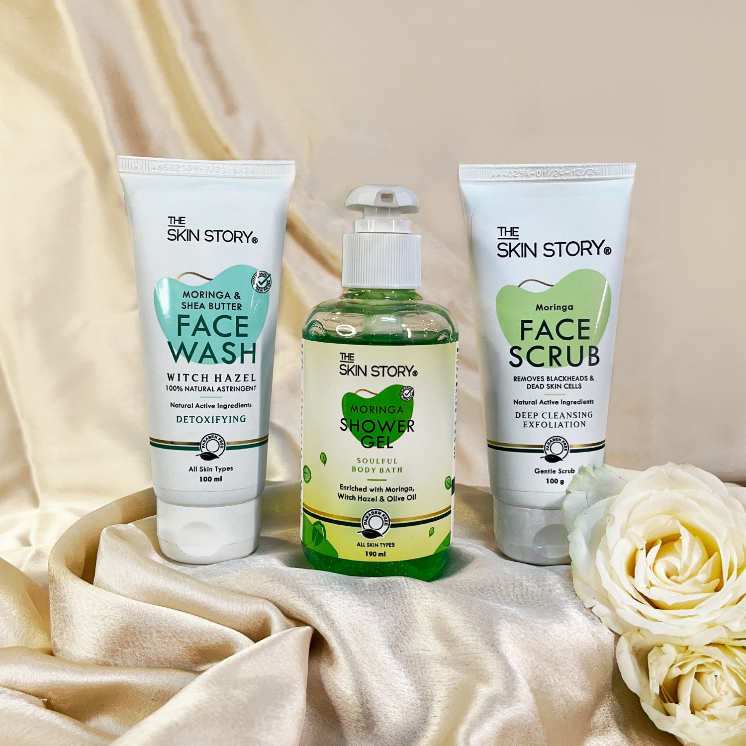 The Skin Story Glow Skincare Set | The Skin Story Moringa &amp; Shea Butter Facewash, 100ml | The Skin Story Moringa Face Scrub, 100g | The Skin Story Moringa Shower Gel, 190ml