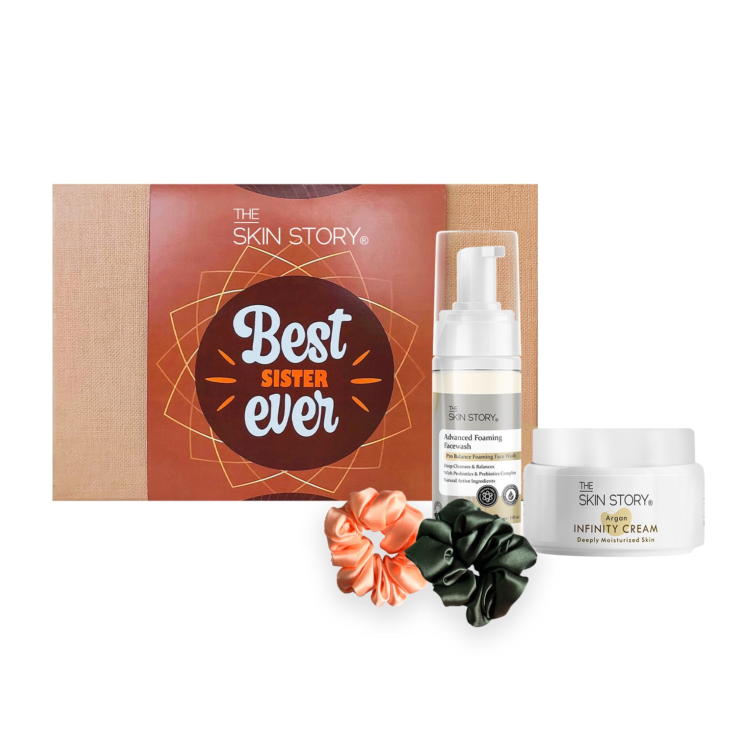 Flawless Affection Combo | For Women and Men | Advanced Foaming Facewash | Argan Infinity Cream | Hair Scrunchies | Rakhi gift Hamper for Her