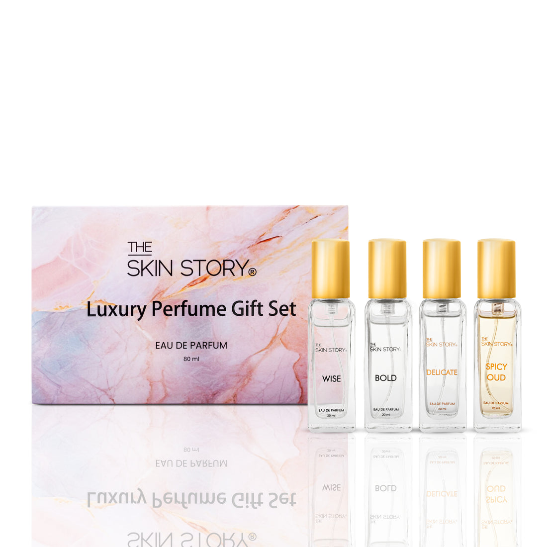 The Skin Story Luxury Perfume Gift Set | 4 Fragrances - Wise, Bold, Delicate &amp; Spicy Oud | Long-Lasting, 4 x 20ml | Unisex Perfume | Ideal Gift for Any Occasion | Eau de Parfum