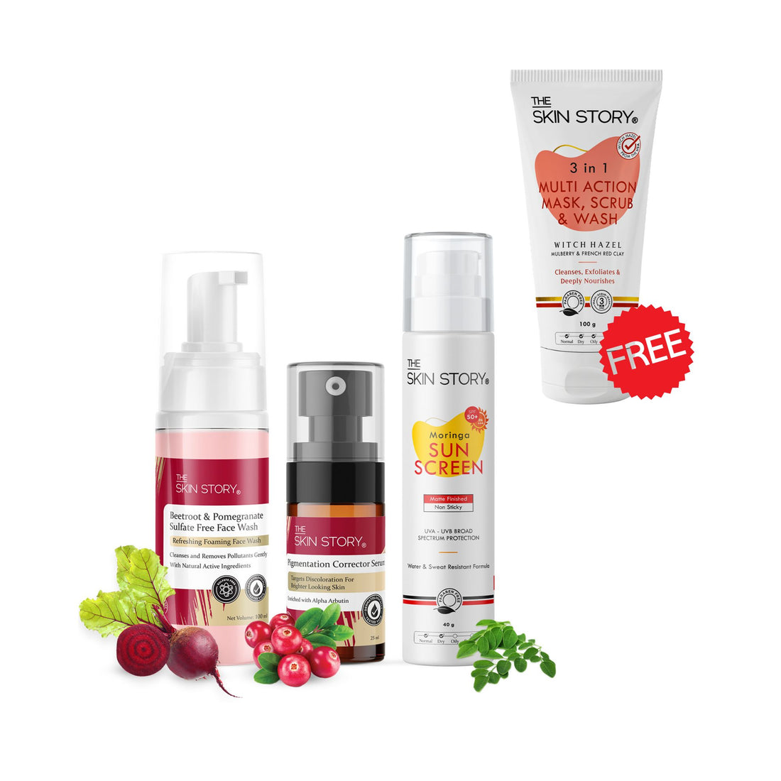 The Skin Story Goodbye  Pigmentation Trio (CTP) (The Skin Story Beetroot &amp; Pomegranate Sulfate Free Foaming Facewash, 100ml The Skin Story Pigmentation Corrector Serum, 25ml The Skin Story Moringa Sunscreen SPF 50, 40g)