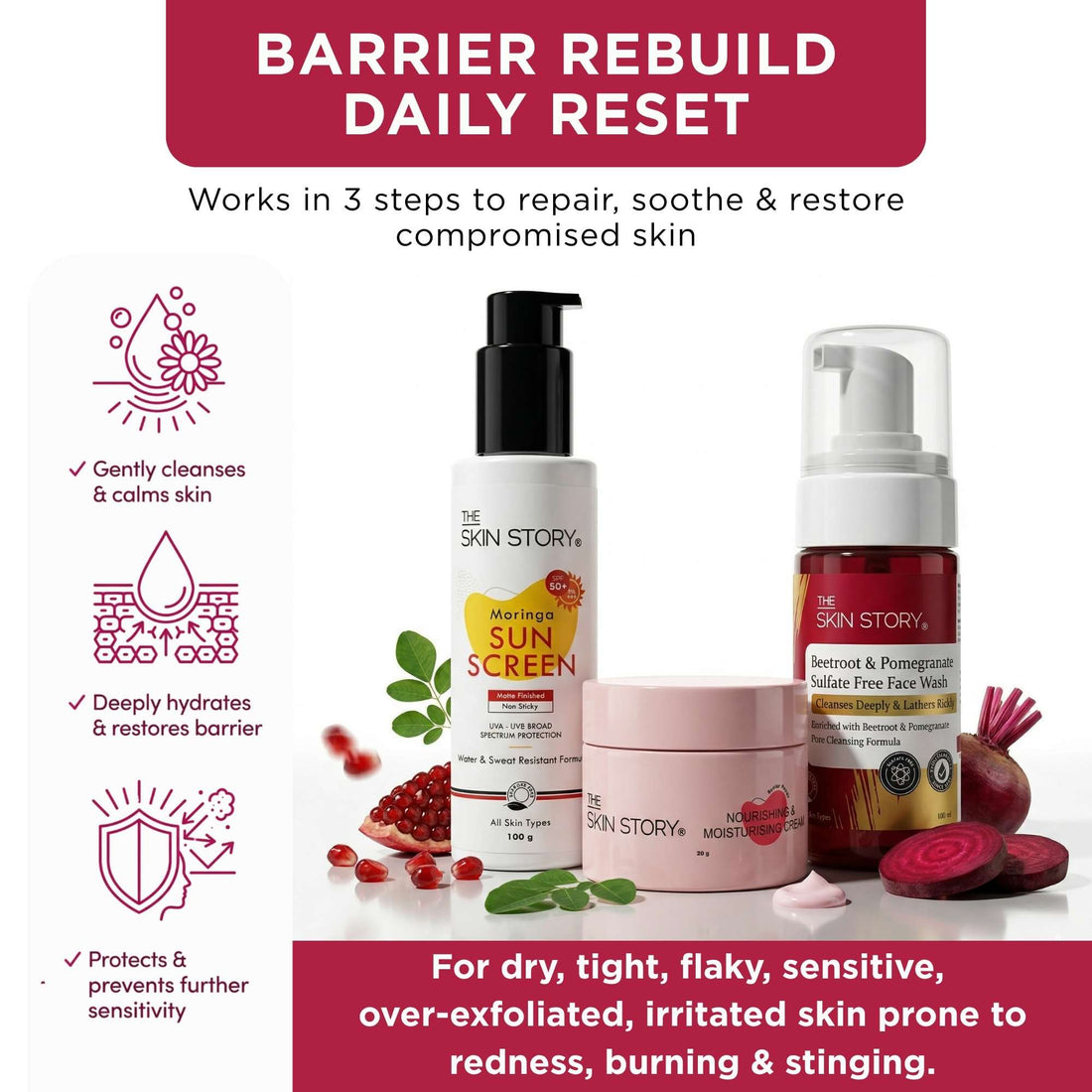 Barrier Rebuild 3 Step - Facewash + Cream+Sunscreen SPF50 - The Skin Story - 