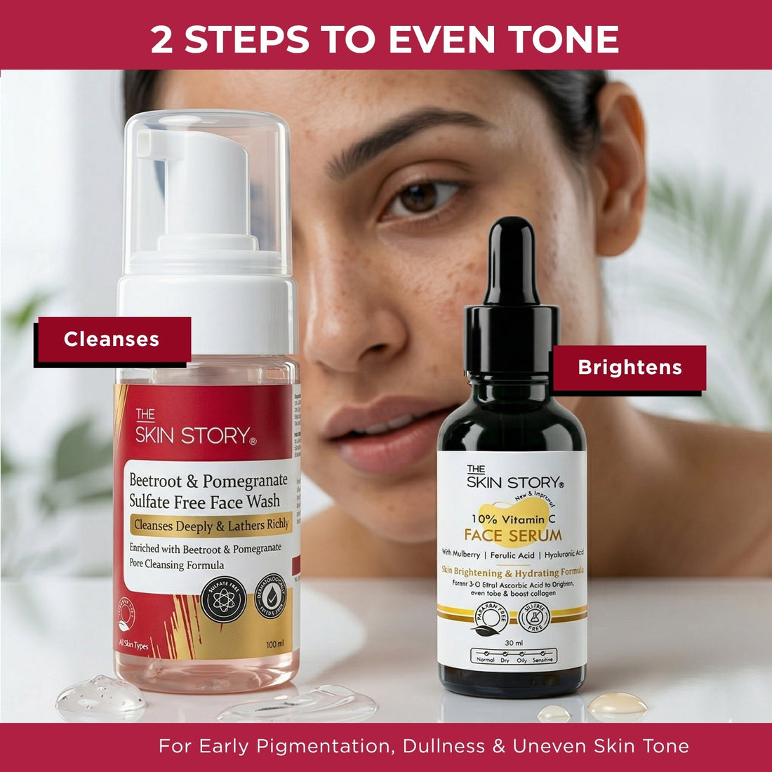 Dull &amp; Uneven Skin Tone - 2 Step with Facewash+10% Vitamin C Face Serum - The Skin Story - 