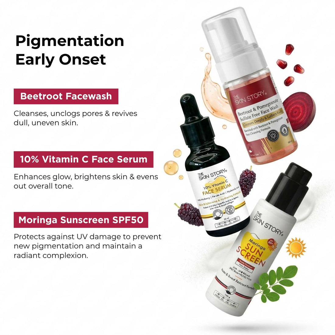 Dull &amp; Uneven Skin Tone - 3 Step with Facewash+10% Vitamin C Face Serum+Sunscreen SPF50 - The Skin Story - 
