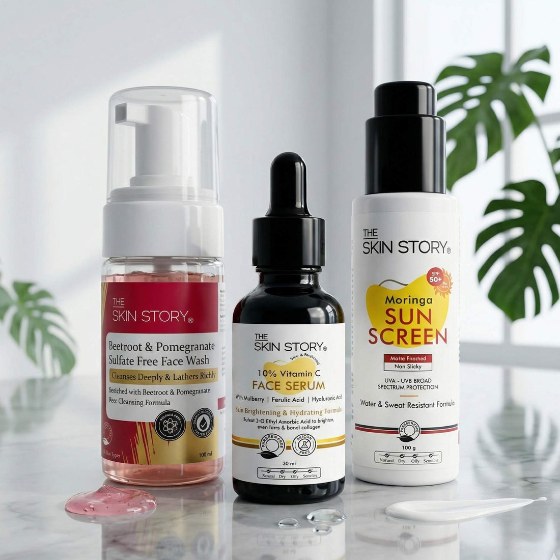 Dull &amp; Uneven Skin Tone - 3 Step with Facewash+10% Vitamin C Face Serum+Sunscreen SPF50 - The Skin Story - 