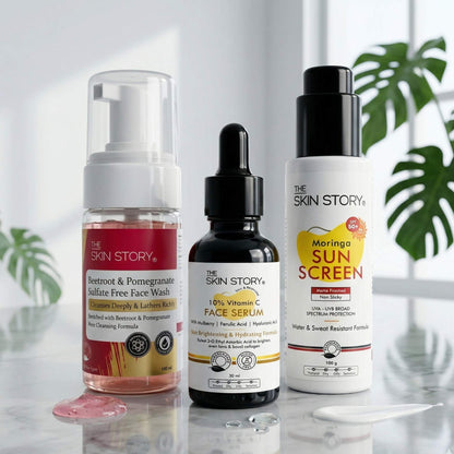 Dull &amp; Uneven Skin Tone - 3 Step with Facewash+10% Vitamin C Face Serum+Sunscreen SPF50 - The Skin Story - 
