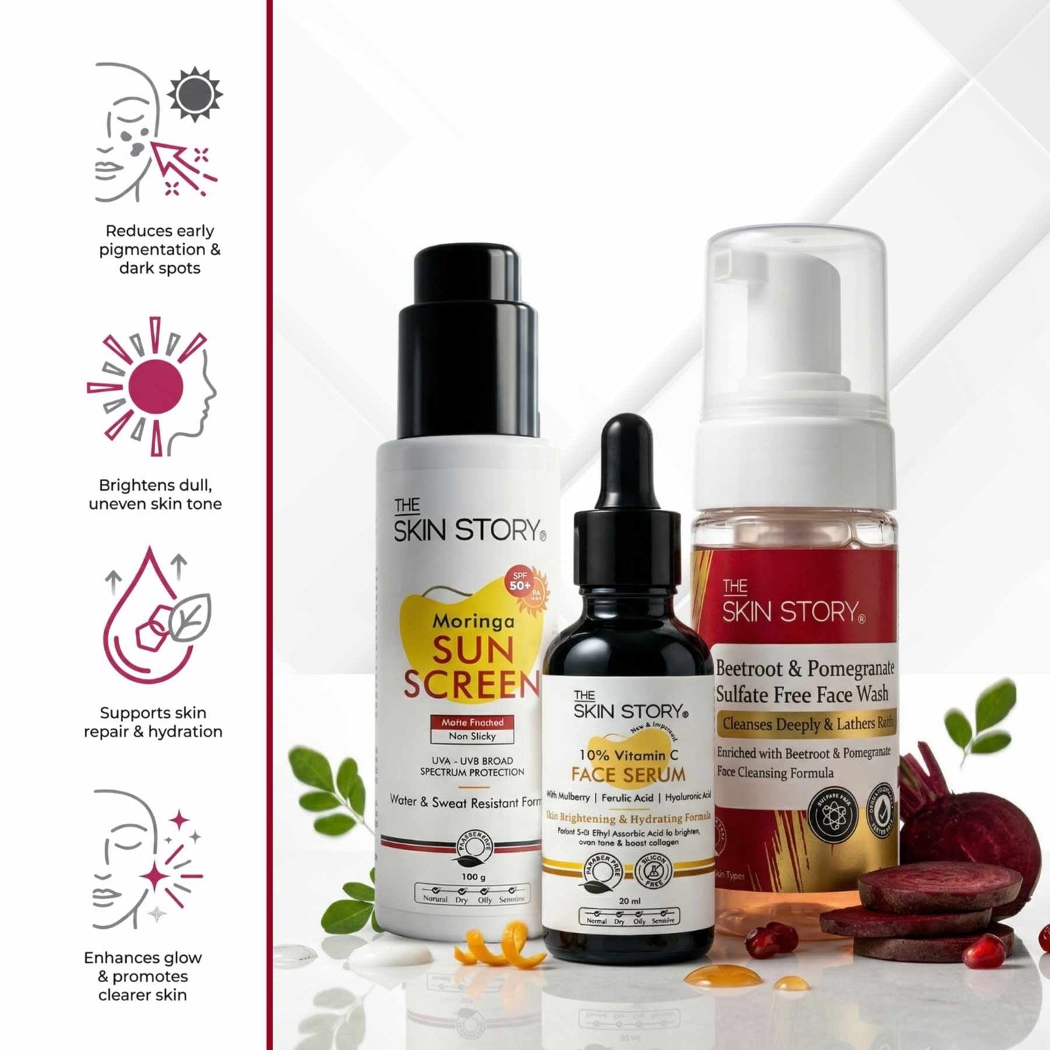 Dull &amp; Uneven Skin Tone - 3 Step with Facewash+10% Vitamin C Face Serum+Sunscreen SPF50 - The Skin Story - 