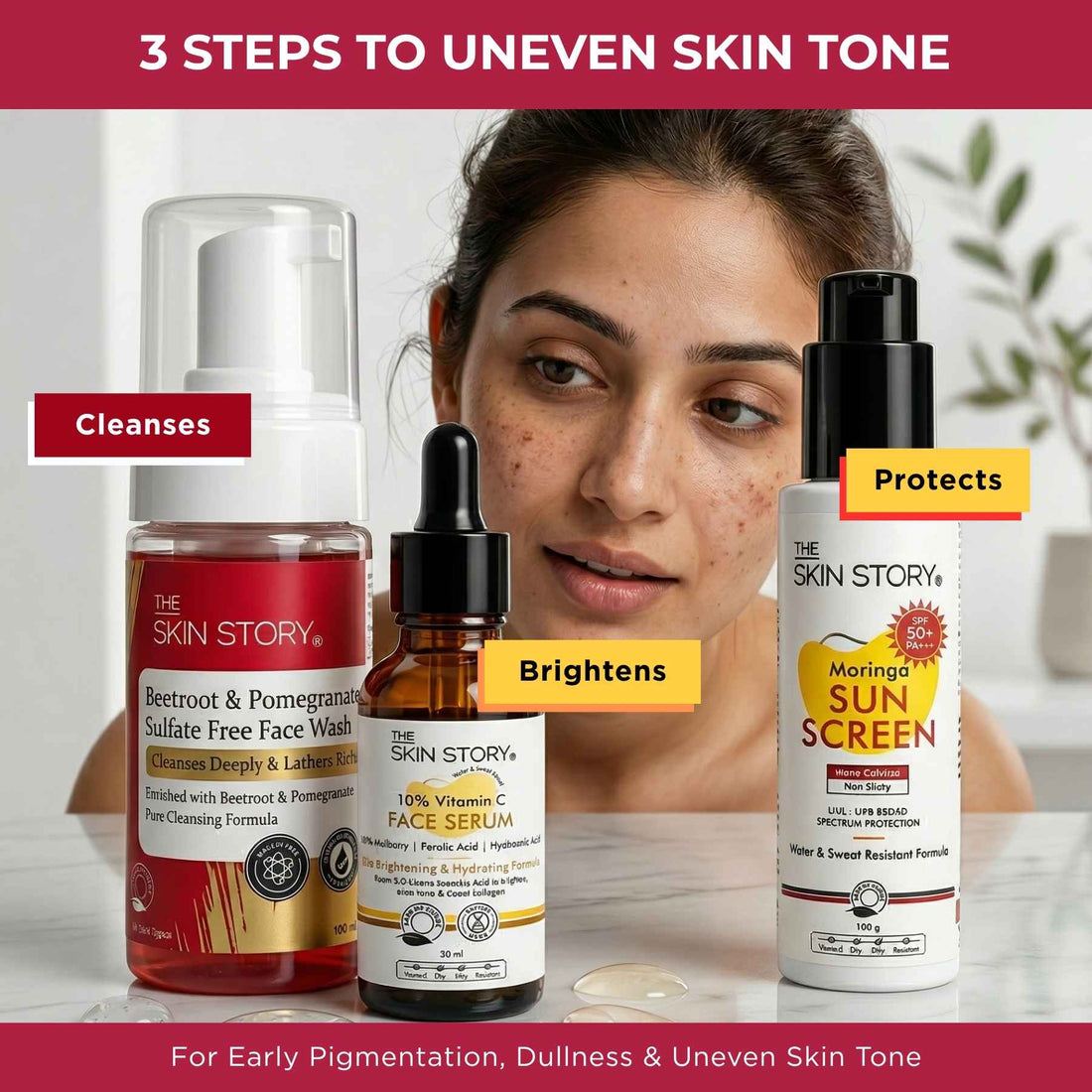 Dull &amp; Uneven Skin Tone - 3 Step with Facewash+10% Vitamin C Face Serum+Sunscreen SPF50 - The Skin Story - 