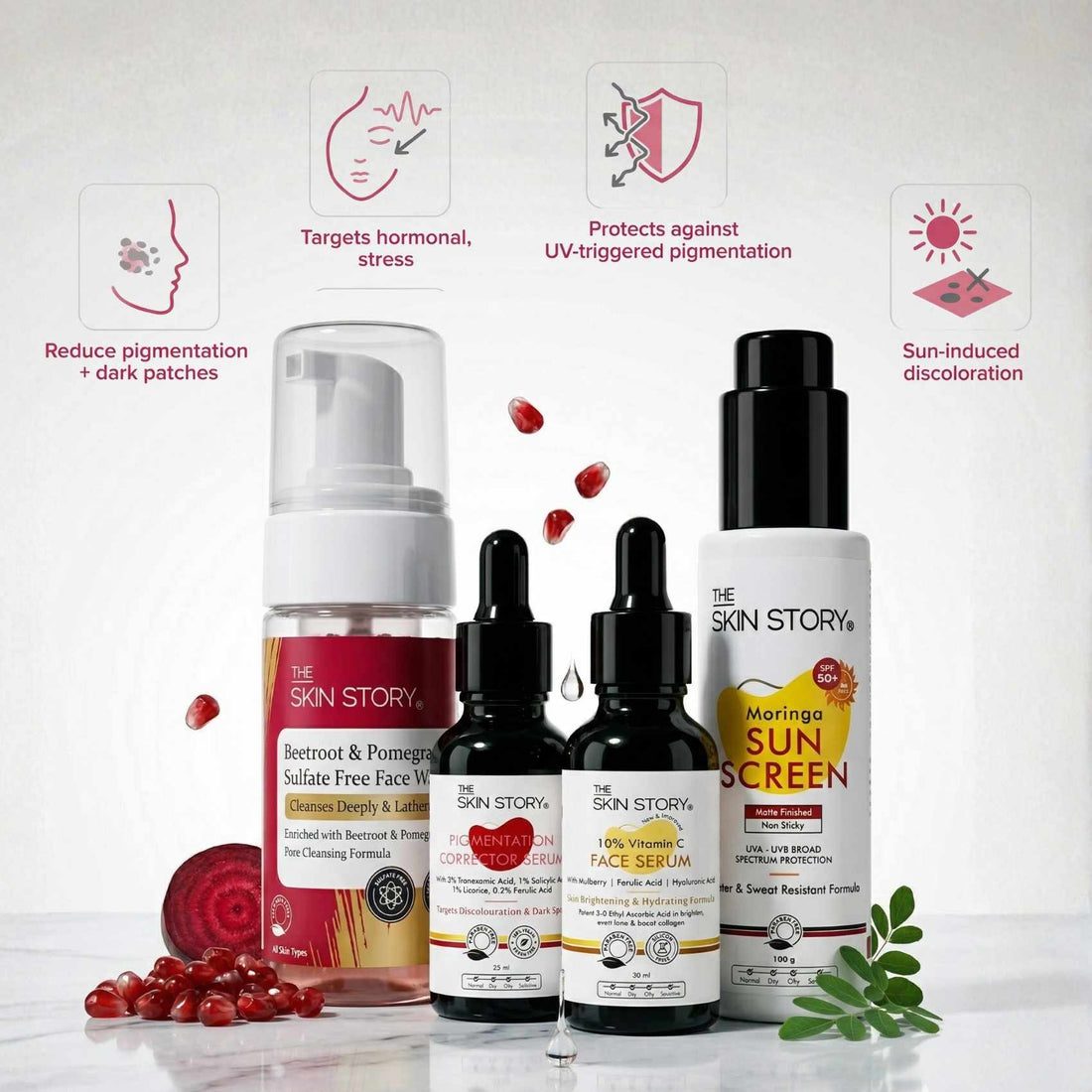 Early Onset Pigmentation 4 steps - Facewash+Corrector Serum+10% Vitamin Serum+Sunscreen SPF50 - The Skin Story - 