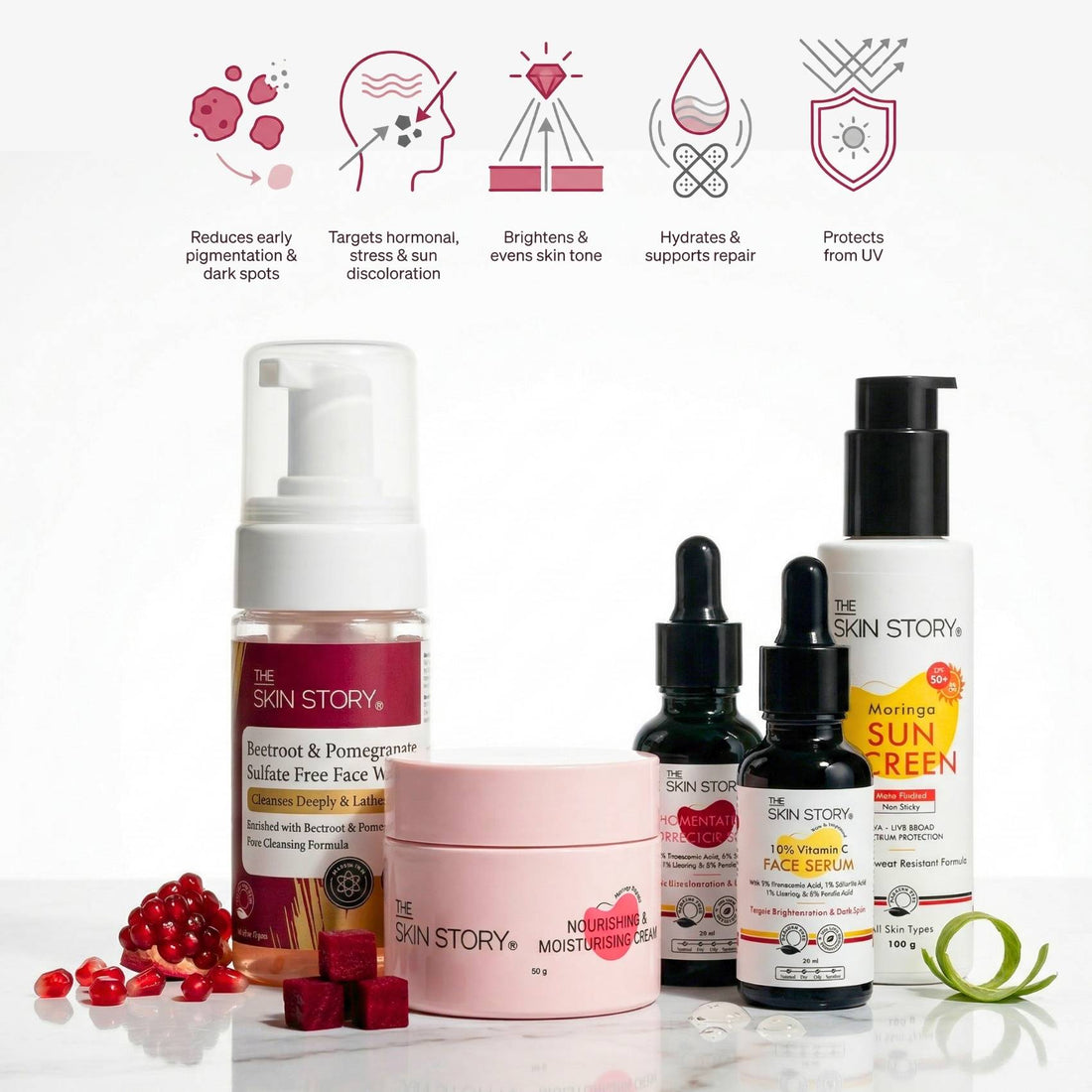 Early Onset Pigmentation 5 steps - Facewash+Corrector Serum+10% Vitamin Serum+Moisturising Cream+Sunscreen SPF50 - The Skin Story - 